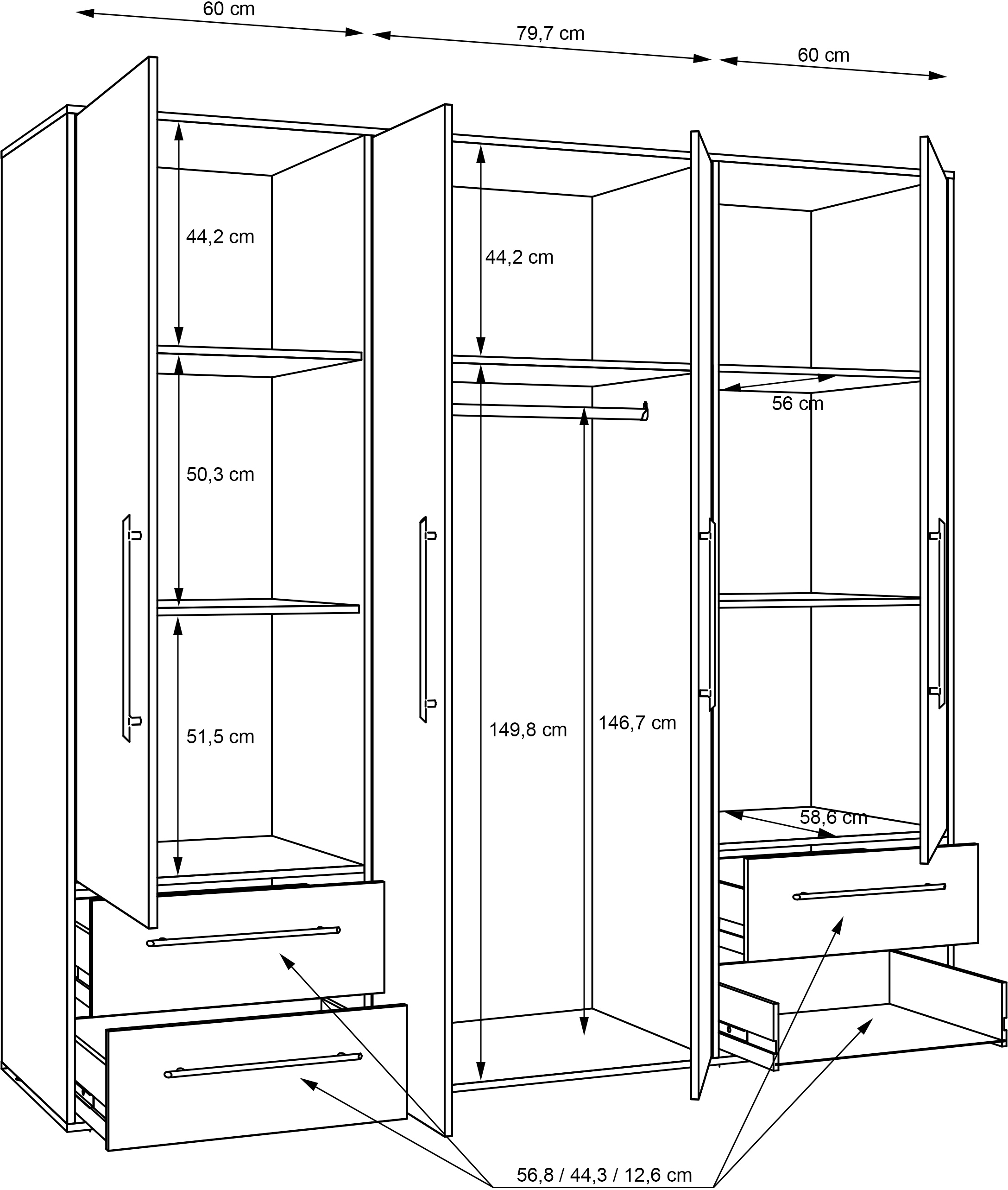 FORTE Drehtürenschrank »Mokkaris. TOPSELLER! verschiedene Größen und Farben«, (BHT ca. 145x200x59cm oder BHT ca. 206x200x59cm), mit Schubladen und schwarzen Stangengriffen, Made in Europe