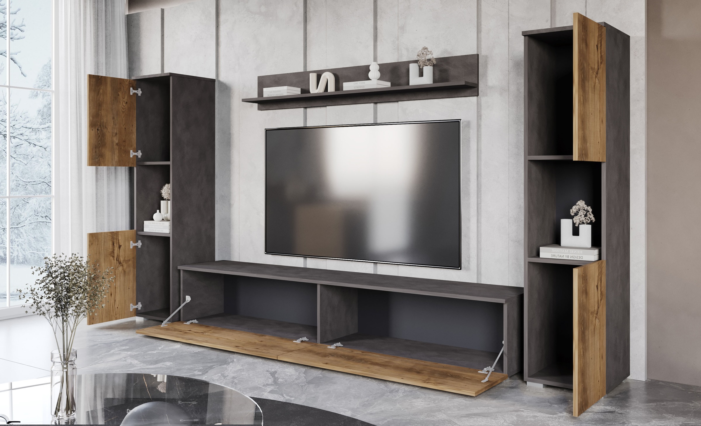 INOSIGN Wohnwand »PARIS, Vitrine Türanschlag links/rechts wechselbar«, (Komplett-Set, 4 St.), grifflose Design, stehend und hängend montierbar