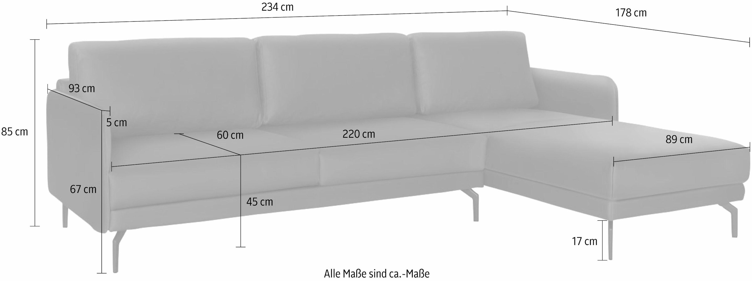 Breite cm, in umbragrau Armlehne hülsta online bestellen sehr »hs.450«, schmal, sofa Alugussfüße Ecksofa 234