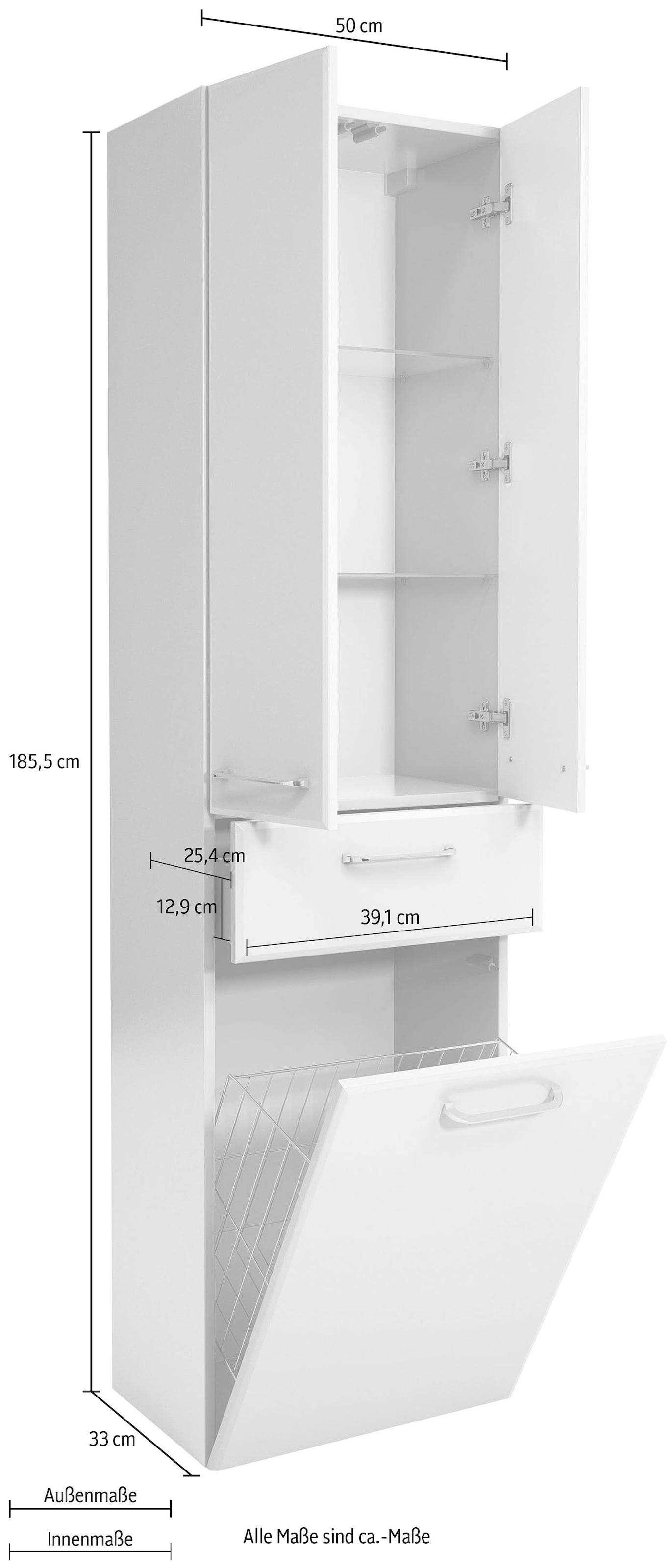 Saphir Hochschrank »Quickset Badschrank 50 cm breit, 2 Türen, 1 Schublade, 1 Wäschekippe«, Badezimmer-Hochschrank inkl. Türdämpfer, Griffe in Chrom glänzend