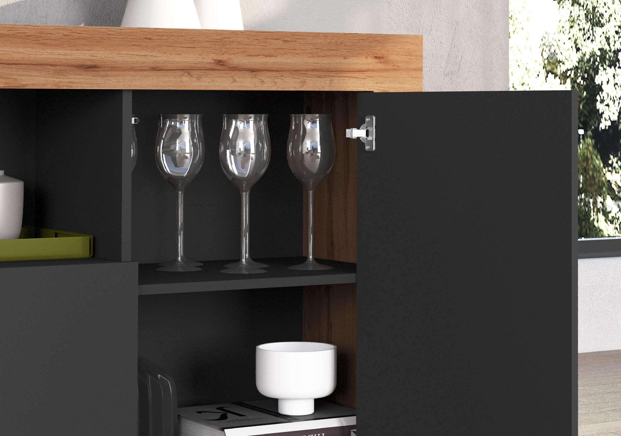 INOSIGN Sideboard »CHRONOS Breite 155 cm mit 3 Türen, 1 offenes und 6 geschlossene Fächer«, (1 St.), Sideboard,Kommode, Schrank, Grifflos mit Push to Open, Made in Italy