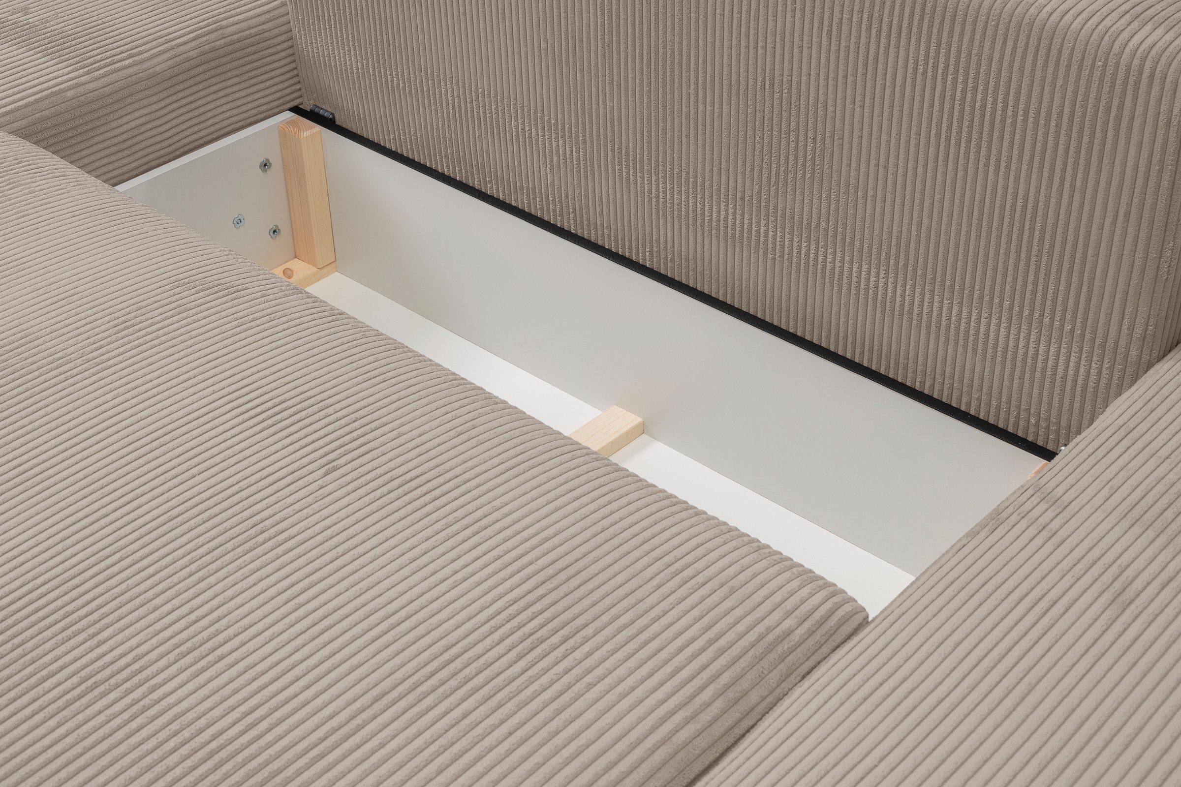 WERK2 Wohnlandschaft »Rotterdam-U, U-Form, in kuschelweichem Cord oder Breitcord«, Design Sofa mit Schlaffunktion & Bettkasten, Cord, Hellgrau/Beige