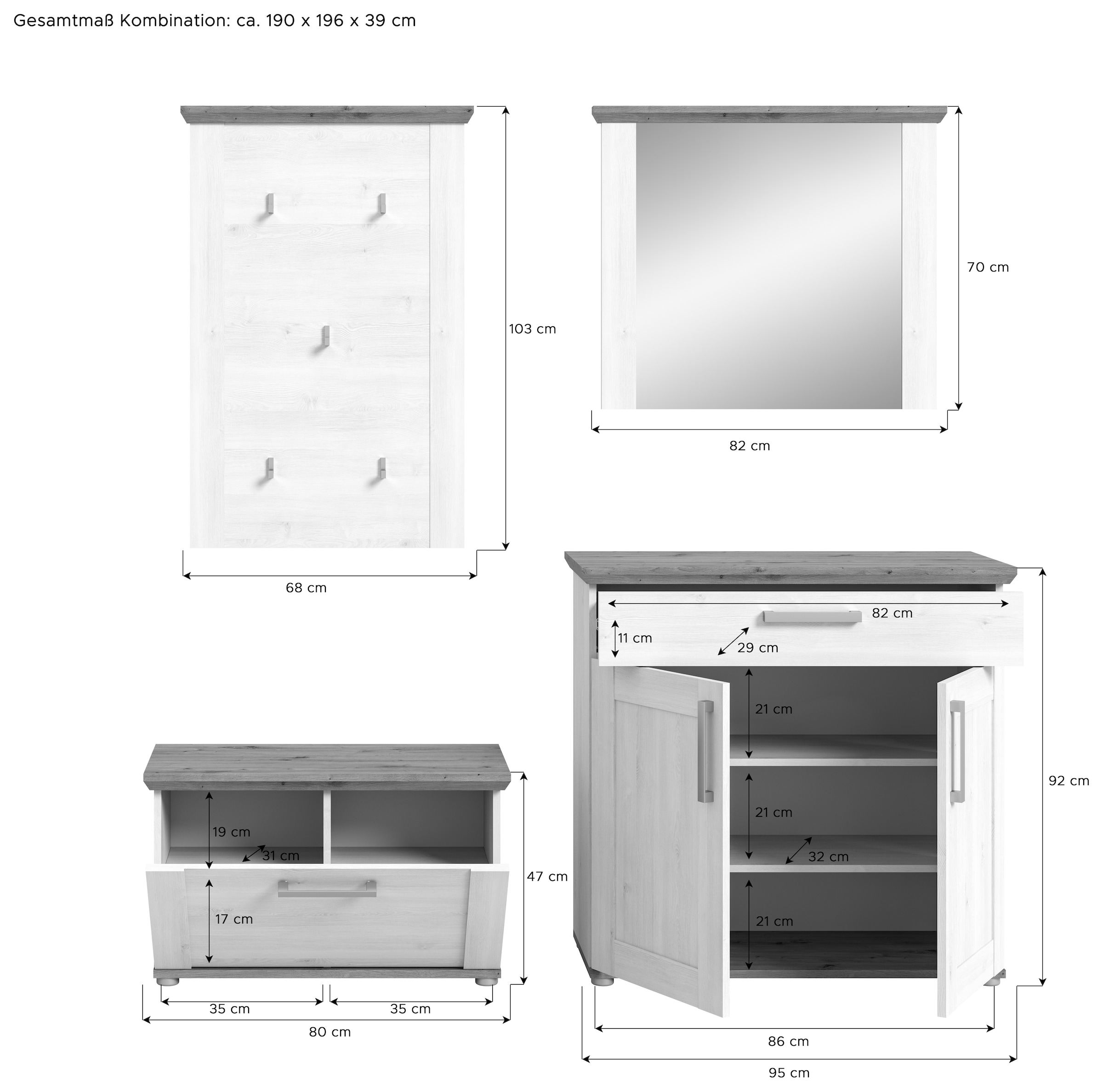 Home affaire Garderoben-Set »Cosenza, Breite 190cm, in Sibiu Lärche/Artisan Nachbildung«, (4 St.), Flurmöbel, Dielenmöbel, Kombination, Diele, Garderobe, Garderobenmöbel