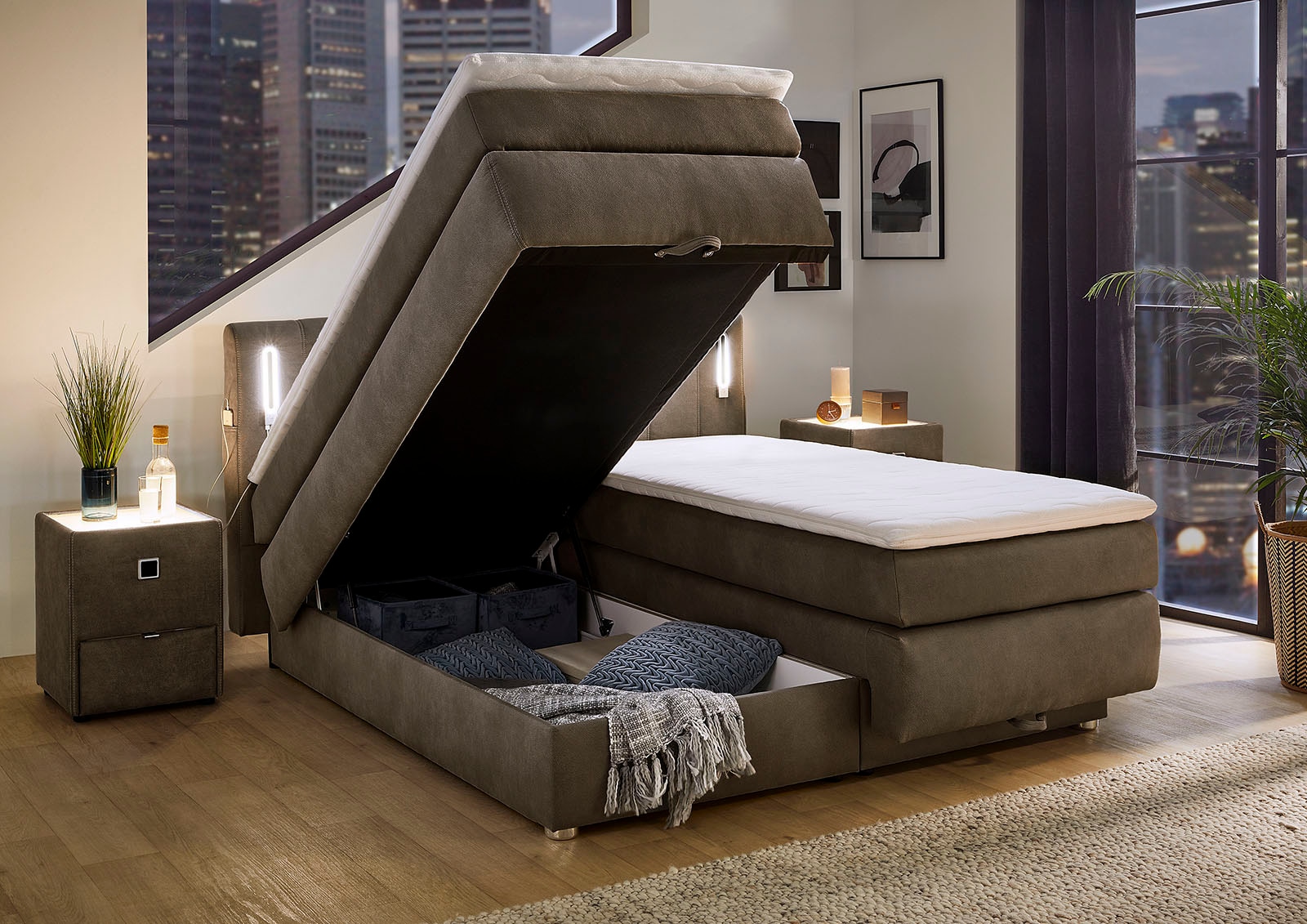 Jockenhöfer Gruppe Boxspringbett Kati, mit Topper, Bettkasten, dimmbare LED-Beleuchtung und USB Ladeport