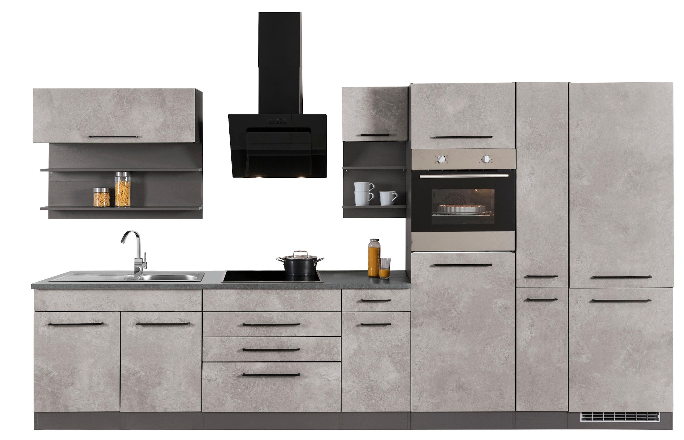 KOCHSTATION Küchenzeile »KS-Tulsa«, ohne E-Geräte, Breite 380 cm, schwarze Metallgriffe, MDF Fronten