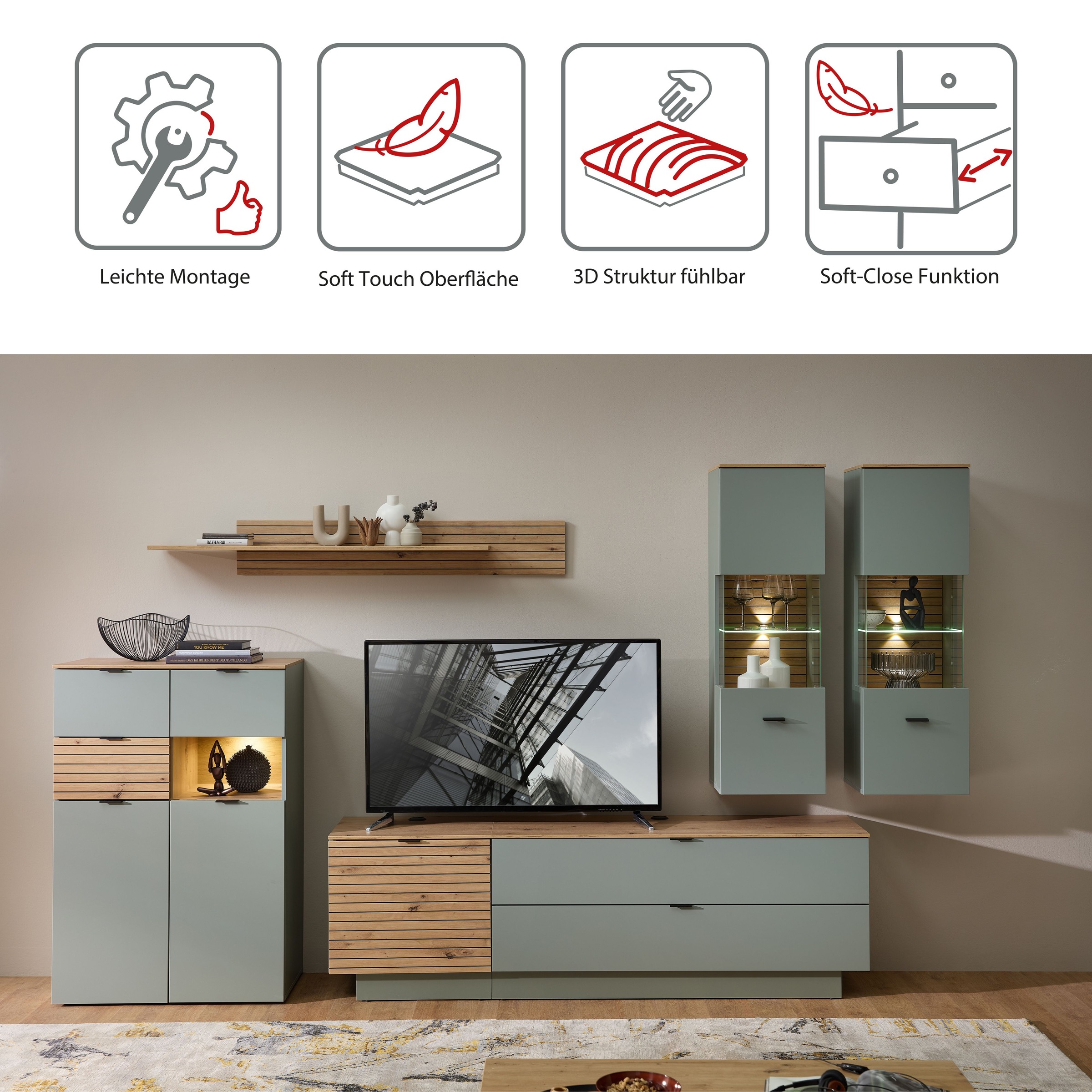 Innostyle Highboard »INA Highboard,  84 x 125 x 45 cm (B/H/T)« 1 Stk. tlg. 2 türig, 3 Schubladen, inkl. Beleuchtung, Softclose