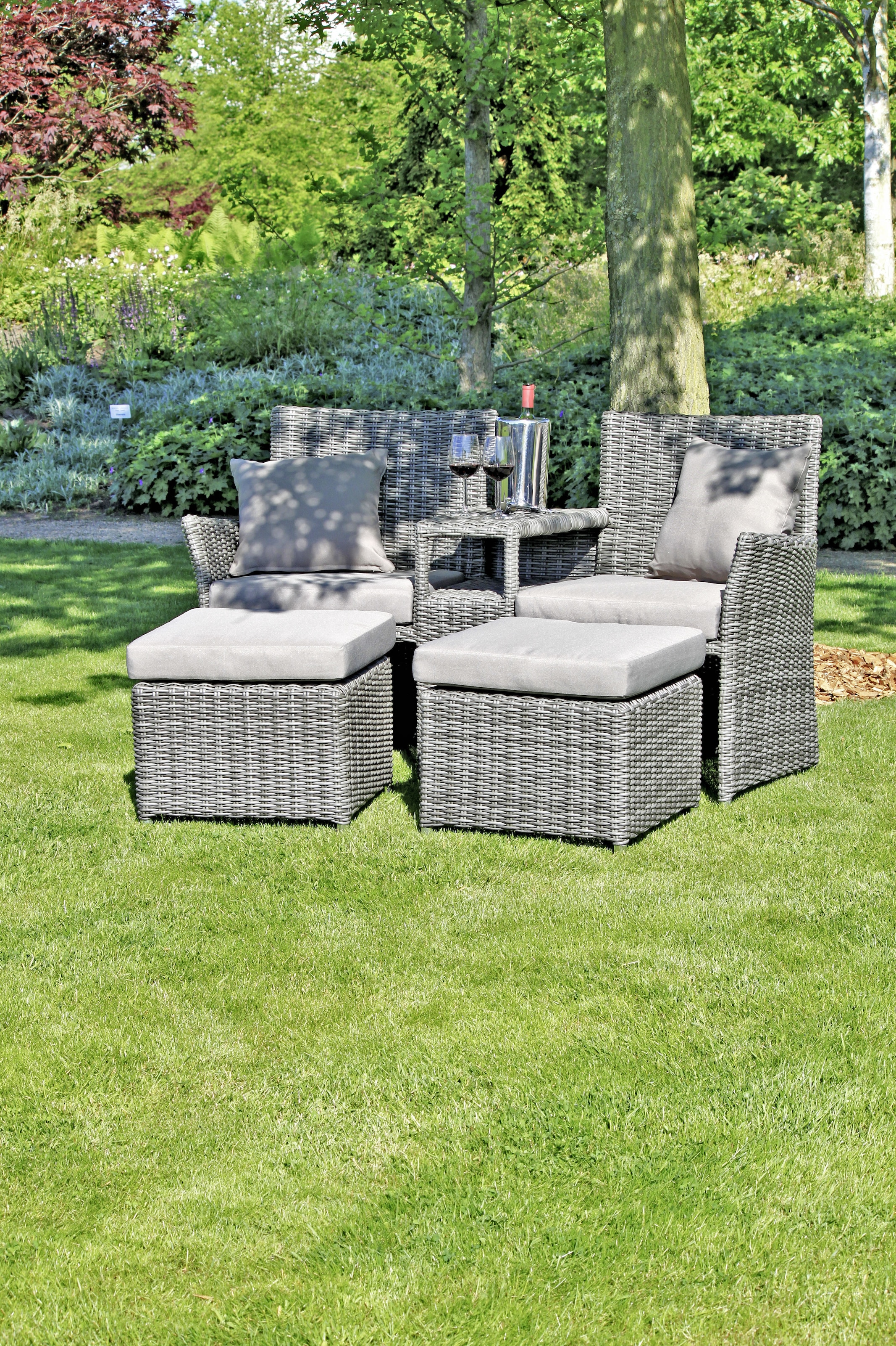 Garden Pleasure Gartensessel »CALGARY«, (Set), Doppelsessel mit integriertem Tisch, 2 Hockern und Auflagen