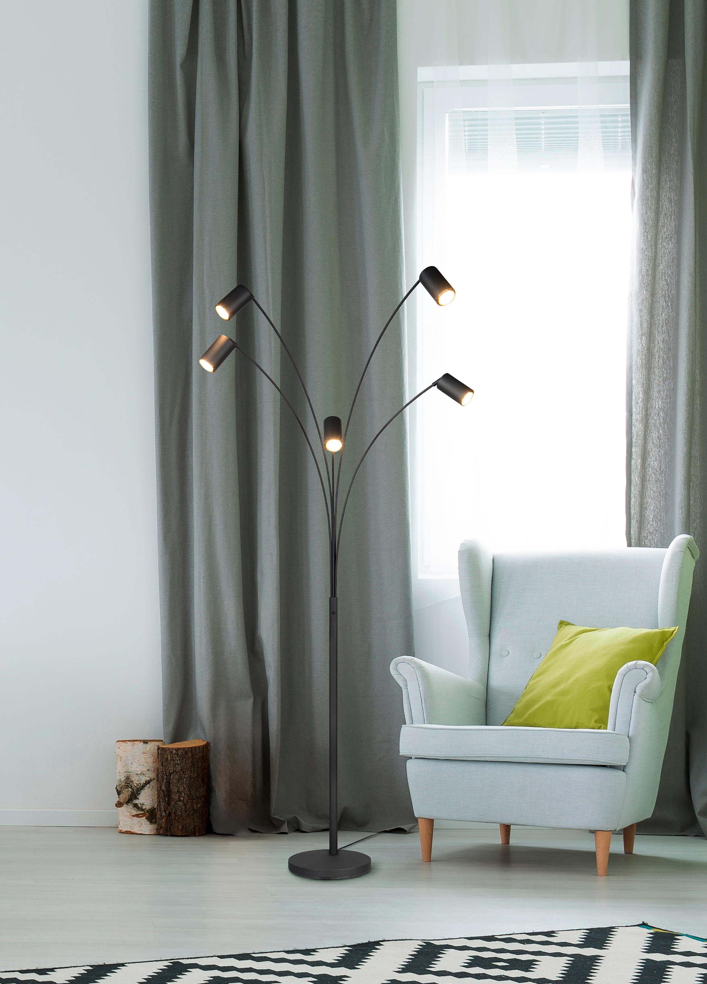 TRIO Leuchten Stehlampe »MARLEY, 5-flammige Bogenleuchte, exkl 5x GU10 max 10W, Kippschalter«, 5 flammig, Leuchtmittel GU10 | Leuchtmittel wechselbar, Höhe 200 cm, Leuchtenarme flexibel verstellbar Leseleuchte Stehleuchte