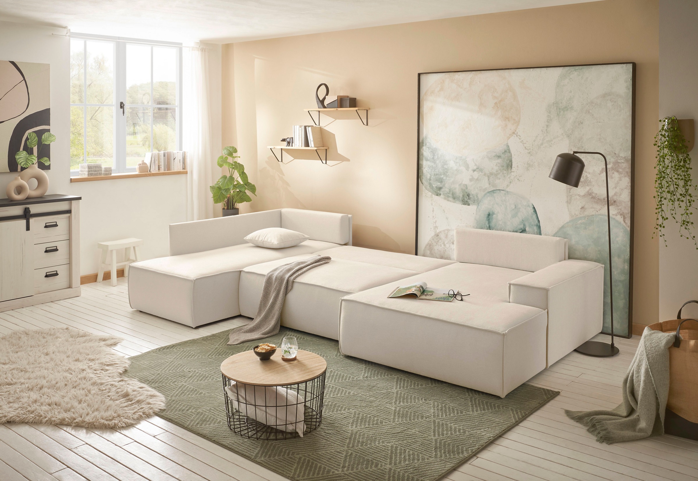 andas Wohnlandschaft »FINNLEY U-Form XXL 329 cm, Schlafsofa, Schlaffunktion m. Bettkasten«, (194/139 cm), Bouclé u. Struktur