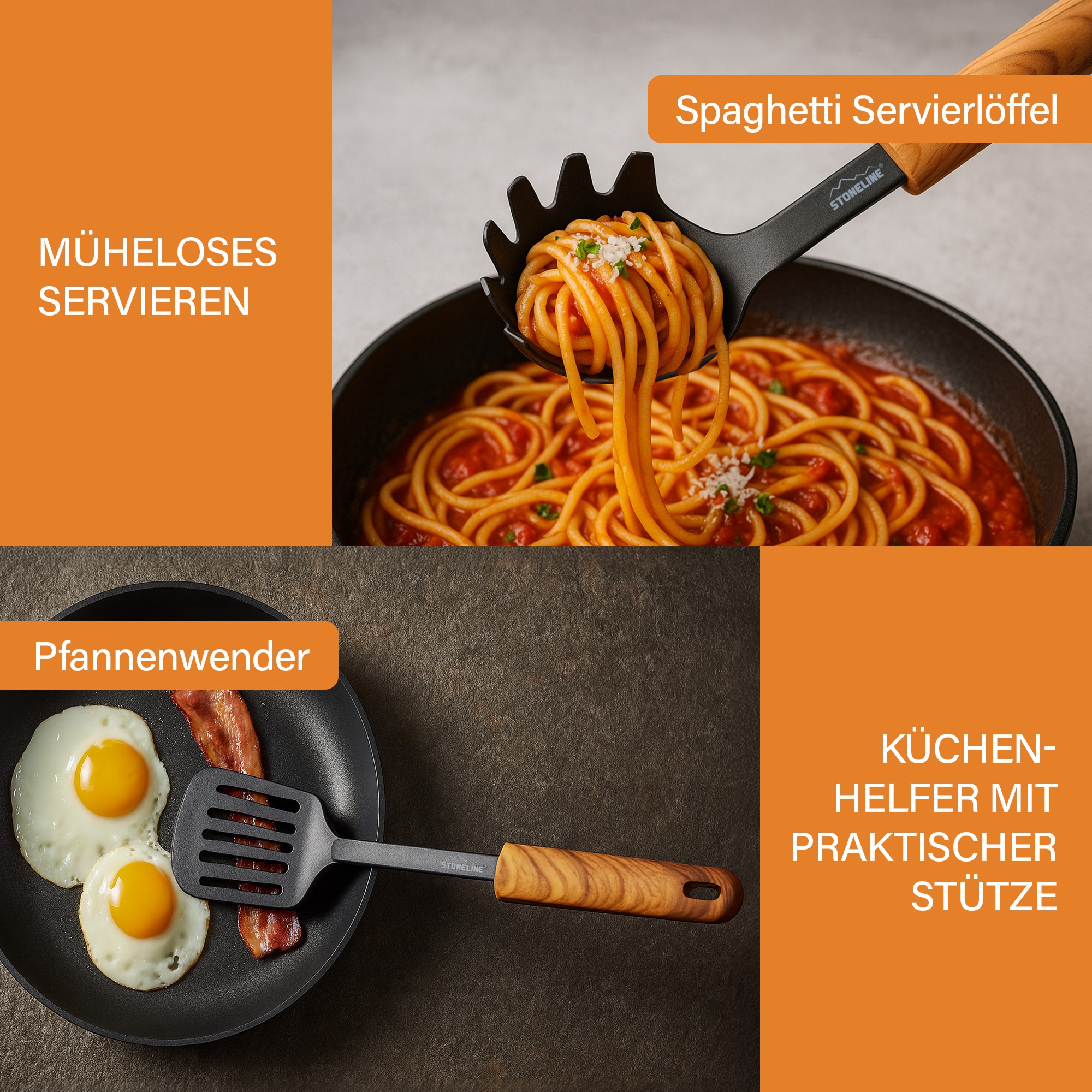 STONELINE Kochbesteck-Set »Kochutensilien-Set mit Holzgriff-Design "Back to Nature"« Perfekt für Antihaft-Pfannen und Töpfe, Design aus Deutschland
