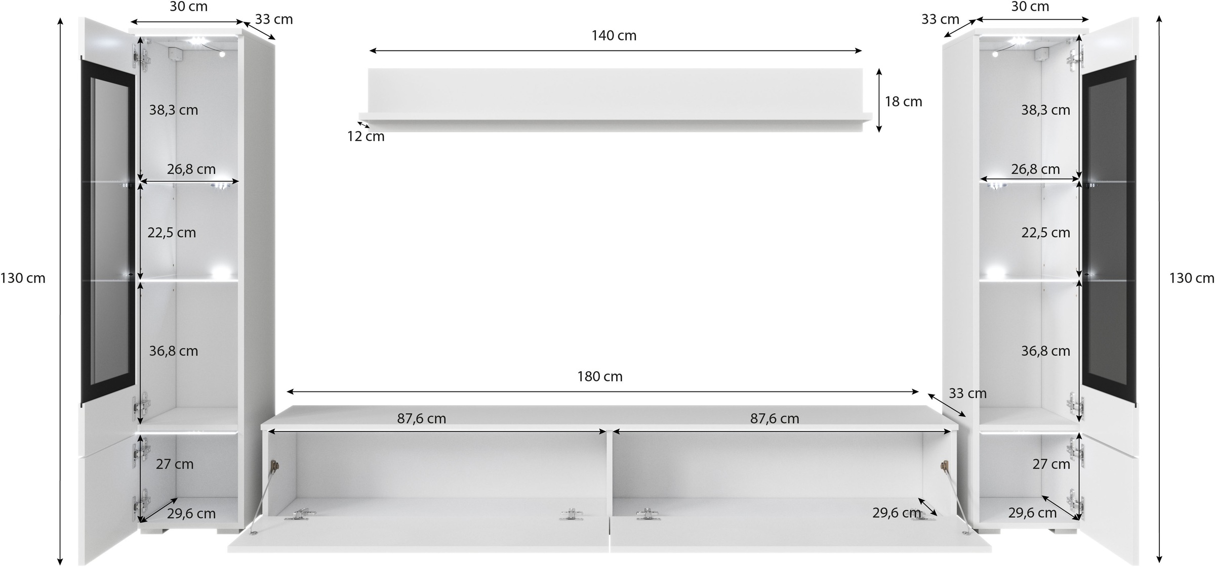INOSIGN Wohnwand »VERA II, Vitrinen Türanschlag wechselbar«, (Komplett-Set, 4 St.), Vitrine mit Verglasung, stehend und hängend, inklusive Beleuchtung
