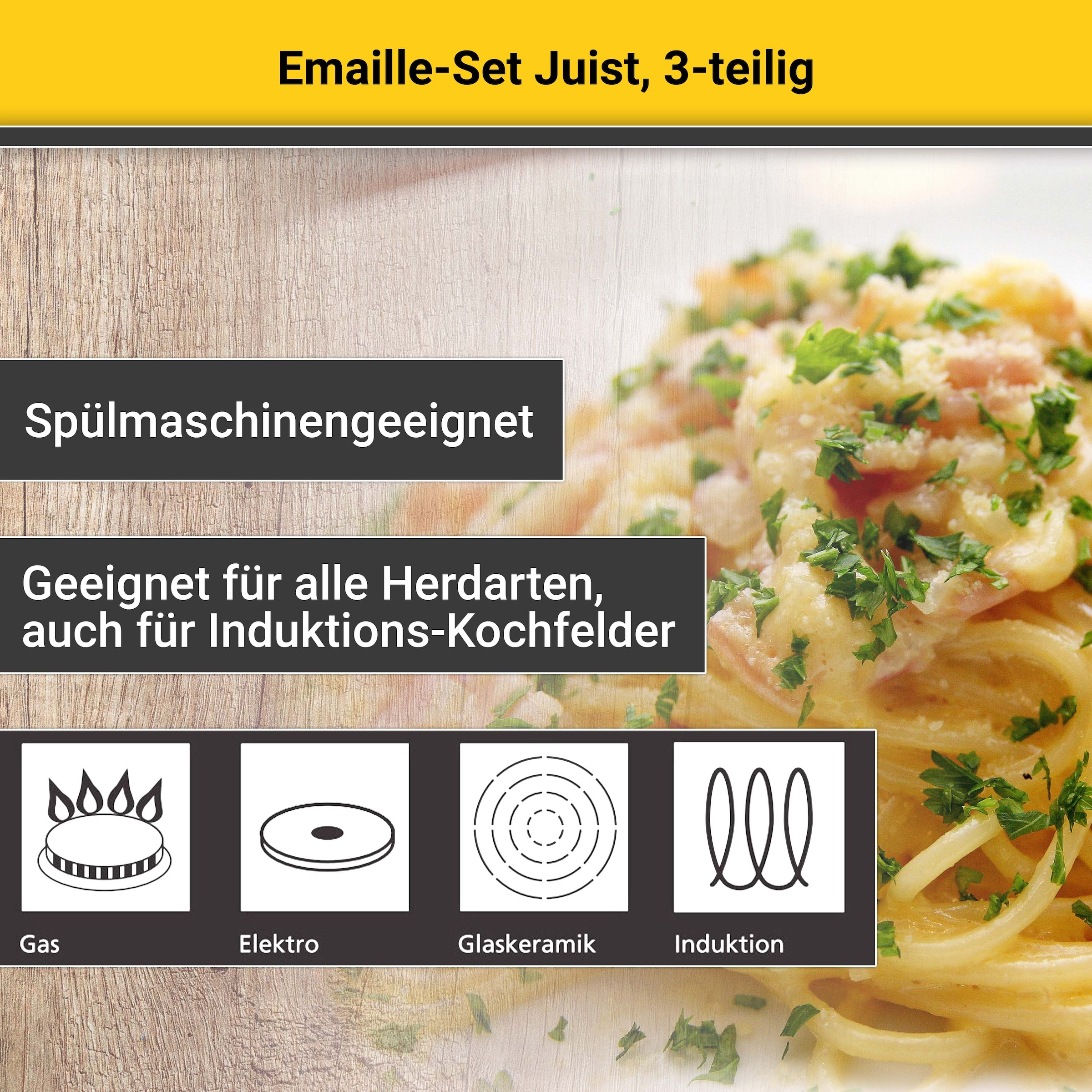 Krüger Topf-Set »Emaille Topfset Juist« Emaille Set, Fleischtopf Ø 16 + Ø 20 cm mit Deckel, Stieltopf Ø 16 cm, 5 Stk. tlg. mit Literskala, schnitt- & kratzfest, spülmaschinengeeignet