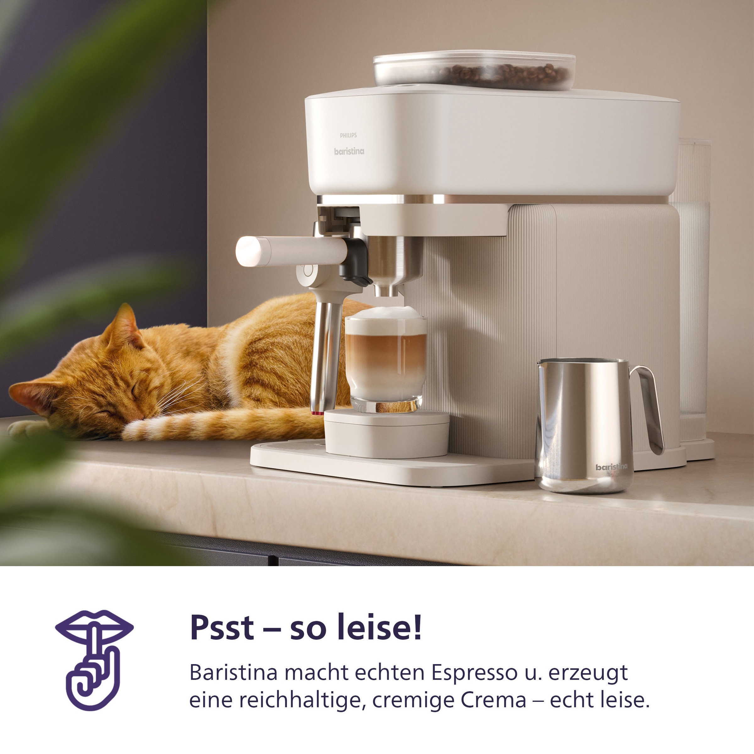 PHILIPS baristina Espressomaschine »Latte BAR400/00 mit Mahlwerk für ganze Bohnen und Milchschaumdüse« 3 Schaumarten, 16 bar Pumpendruck, Naturweiß/Weiß