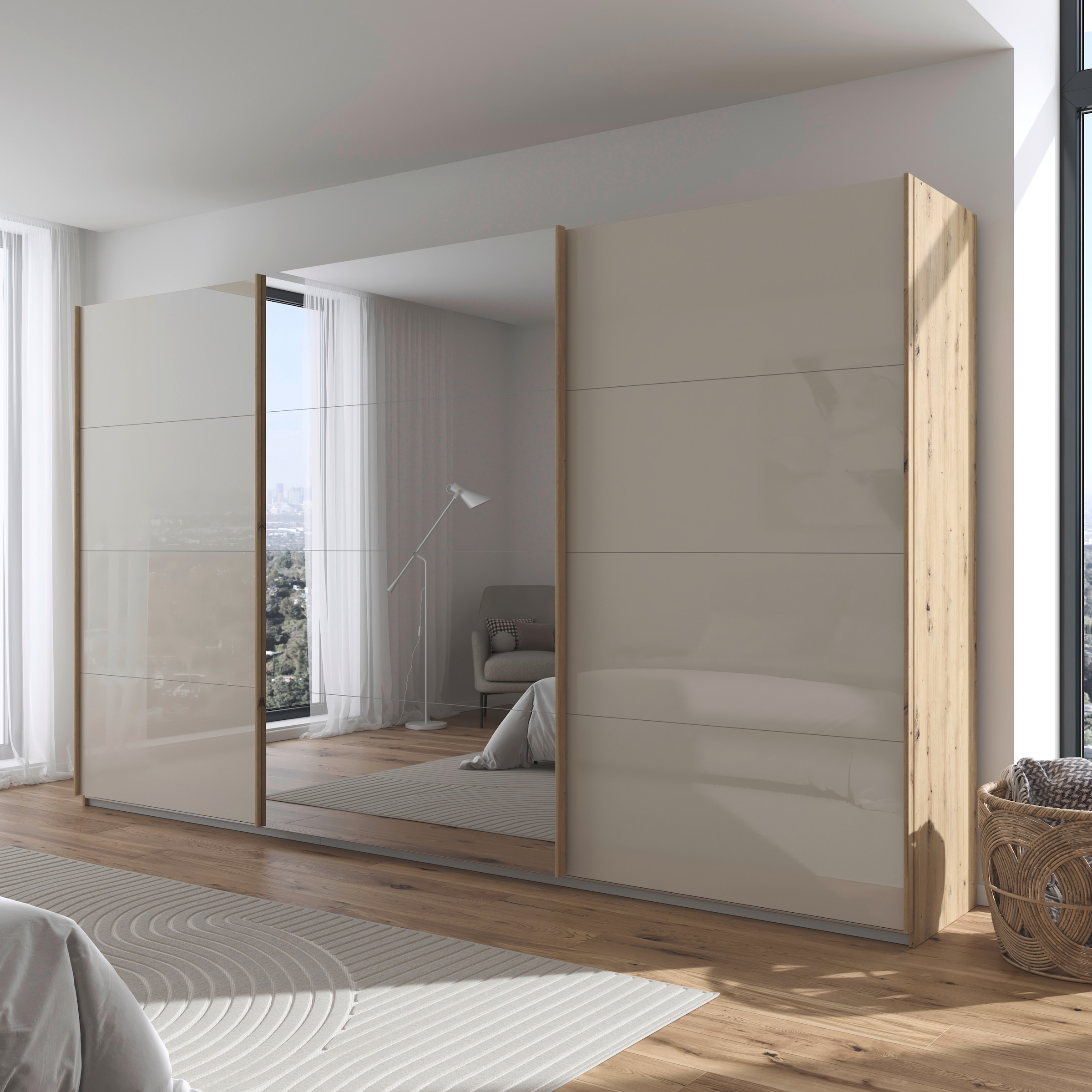 rauch Schwebetürenschrank »Kleiderschrank Kleiderschränke Schrank Garderobe AGORDO mit Glasfront«, durchdachte Innenausstattung, in 4 Breiten und 2 Höhen MADE IN GERMANY
