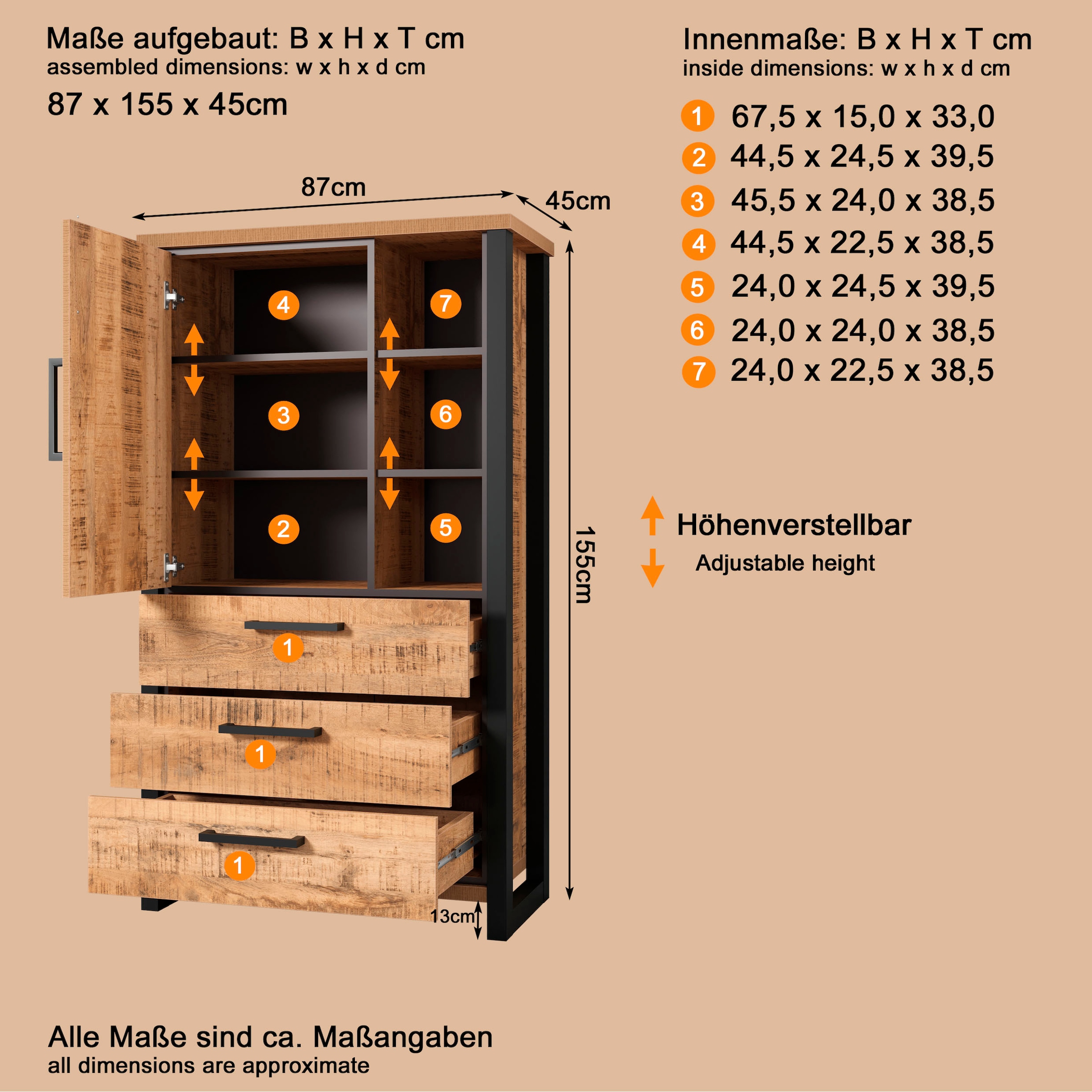 Home affaire Highboard »Elda« 1 Stk. tlg. Vitrine mit 1 Tür & 3 Schubladen mit Vollauszug – (B/T/H) 87/45/155 cm