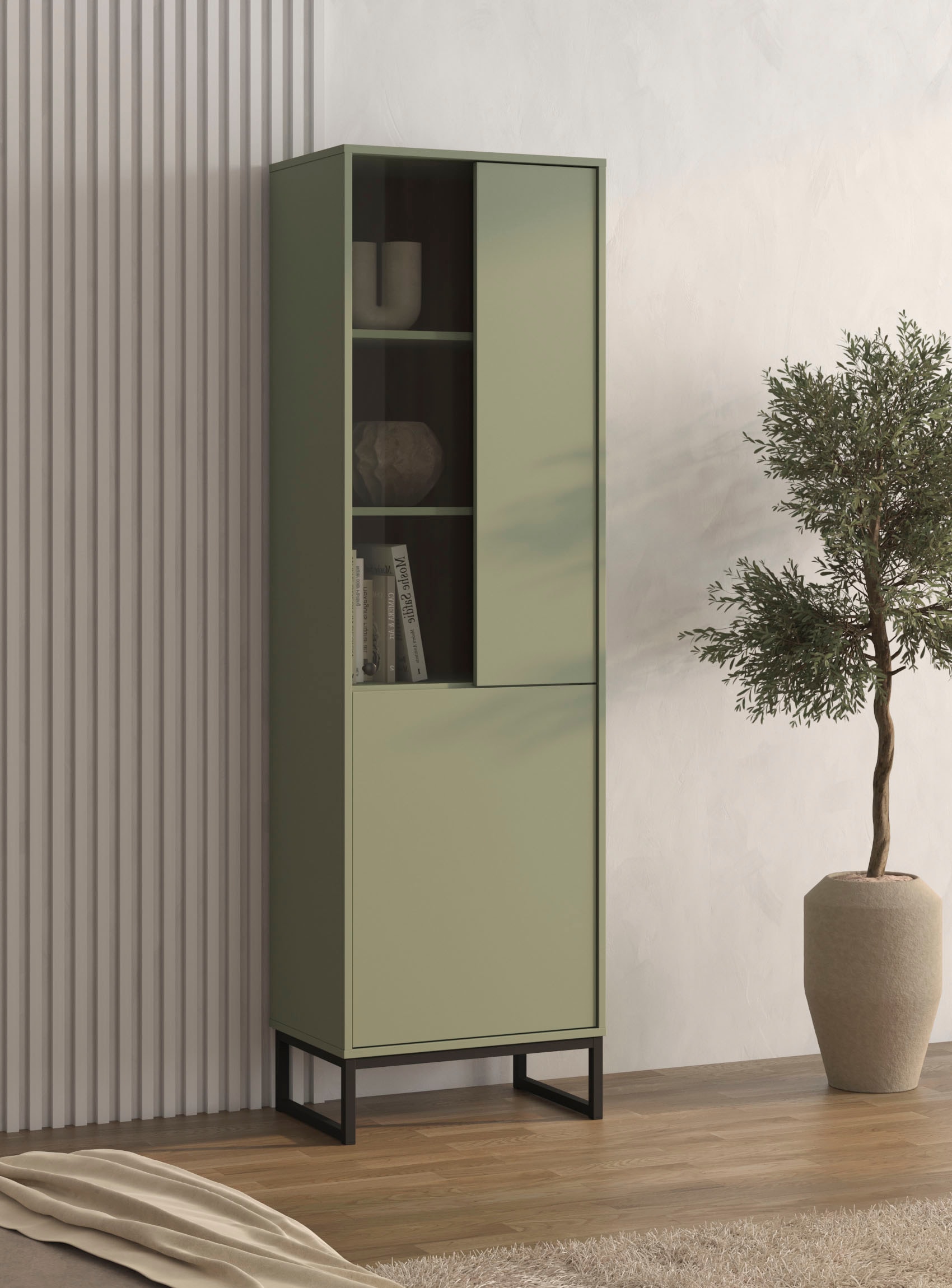OTTO home Vitrine »Loft, Höhe 180 cm, moderne Standvitrine mit 2 Türen, Metallkufen« Hochschrank mit viel Stauraum, Glastür und verstellbaren Einlegeböden