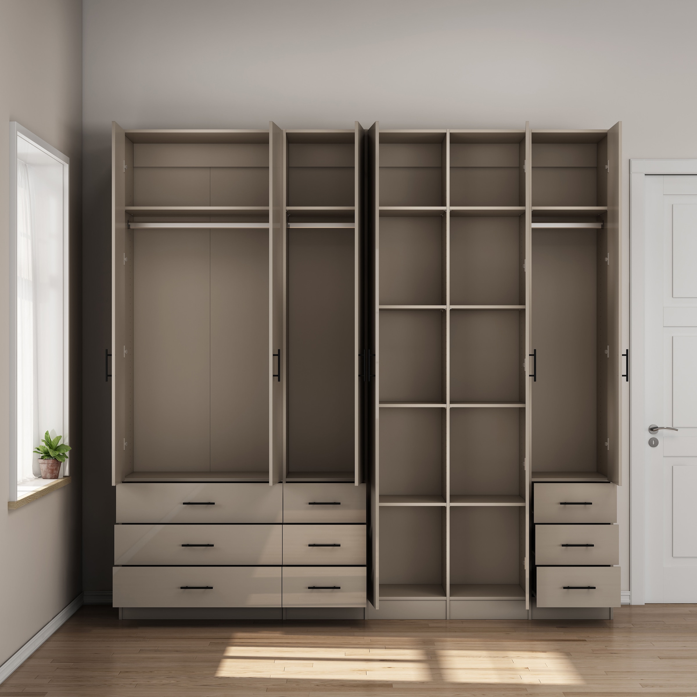 OTTO home Kleiderschrank »Trento Schlafzimmerschrank Garderobe hochglanz« in 2 unterschiedlichen Schrankhöhen wählbar,  Schrank mit 6 Türen und 9 Schubladen, Hochglanz-Fronten, 2,39m Höhe