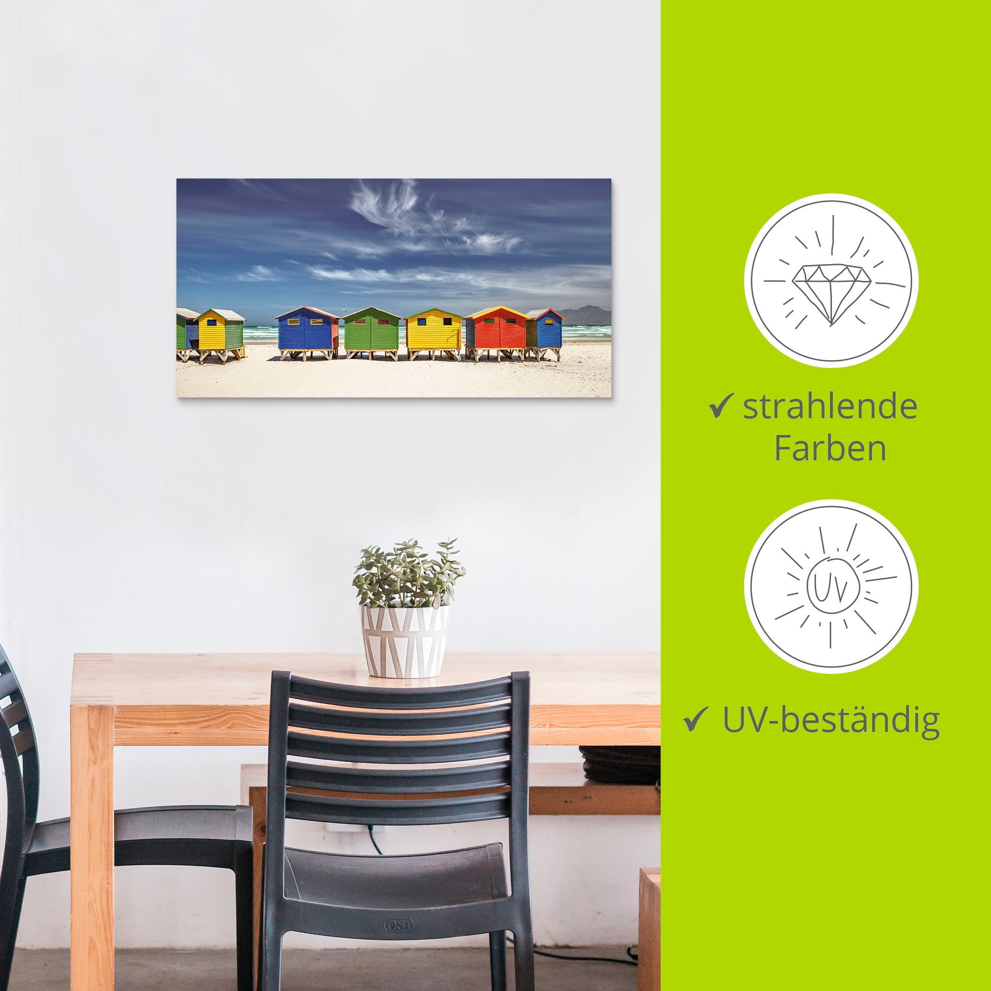 Artland Wandbild »Bunte Strandhäuser bei Kapstadt«, Strandbilder, (1 St.), als Alubild, Outdoorbild, Leinwandbild, Poster, Wandaufkleber