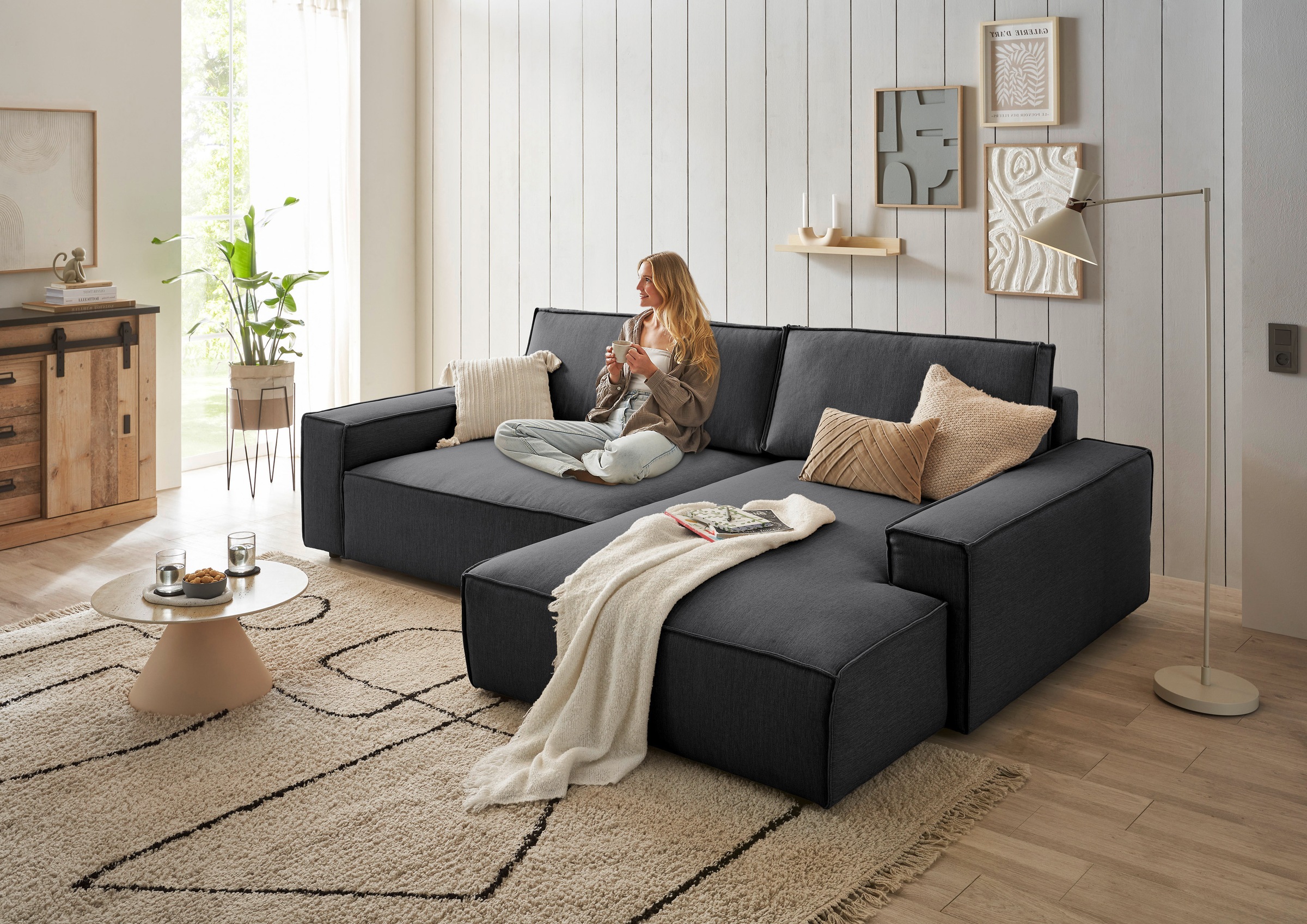 Home affaire Ecksofa »NEU: SHERWOODL XXL 284, Big-Sofa L-Form, tiefe Sitzfläche 95 cm, Cord,«, Leinenoptik, Recamiere rechts/links, auch als Schlafsofa stellbar