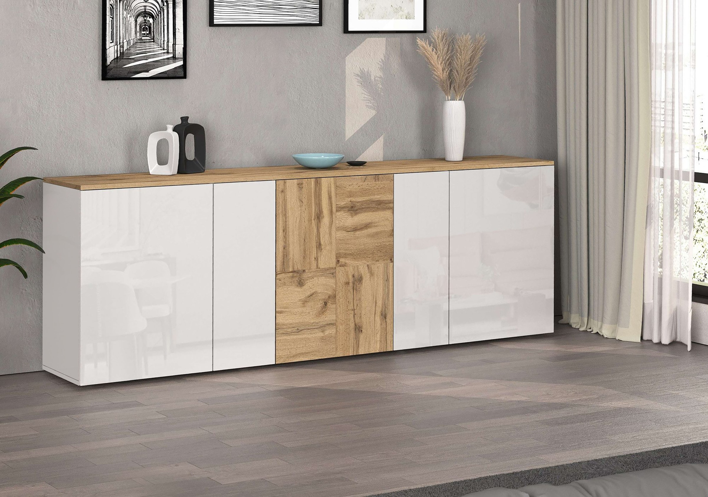 OTTO home Sideboard »ISEO, Kommode, Schrank, Sideboard, Lowboard, 6 Fächer, Breite 200 cm« 1 Stk. tlg. stehend/hängend, 5 Türen Hochglanz lackiert, Made in Italy