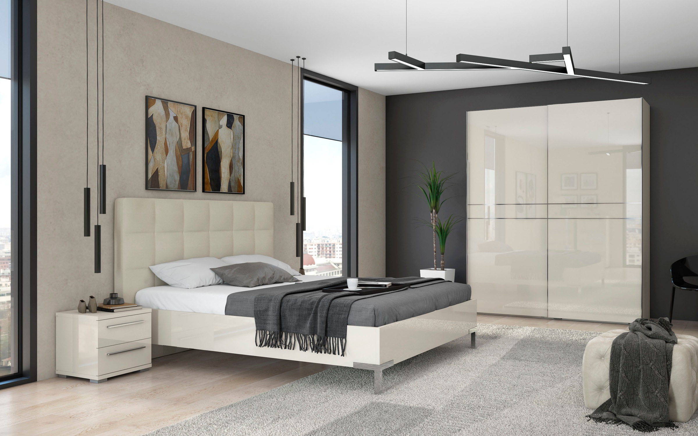 PLACES OF STYLE Schwebetürenschrank »Piano, FSC-zertifiziert, mit Einlegeböden und Kleiderstangen« in 3 Breiten, 224cm hoch, mit verchromten Aufleistungen,  UV lackiert, hochglänzend, mit Soft-Close Funktion, in beige oder weiß