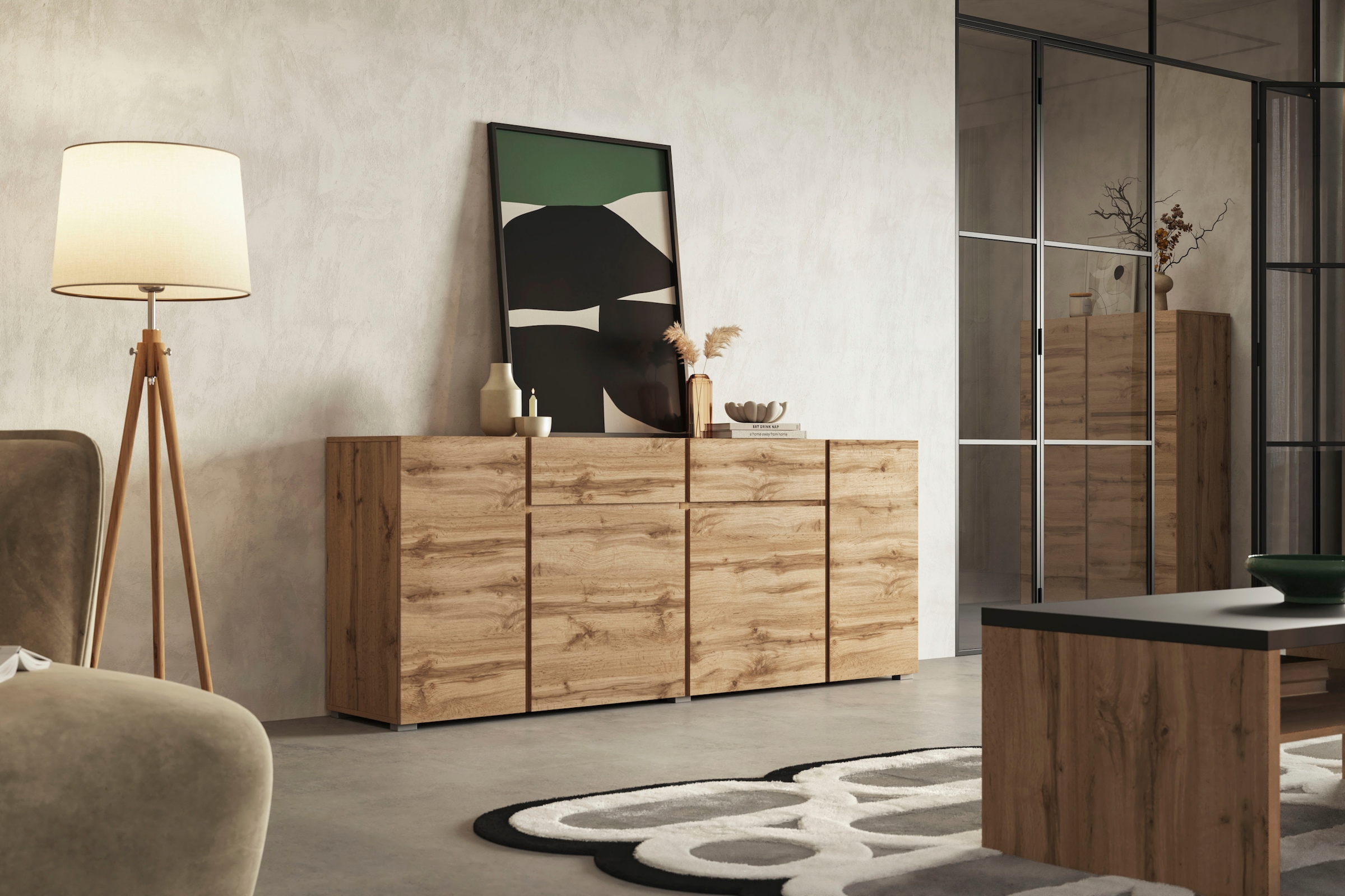INOSIGN Sideboard »Asymetric, Breite 195 cm, grifflose Kommode 4 Türen/2 Schubkästen«, Schubladenschrank mit viel Stauraum, Einlegeböden verstellbar
