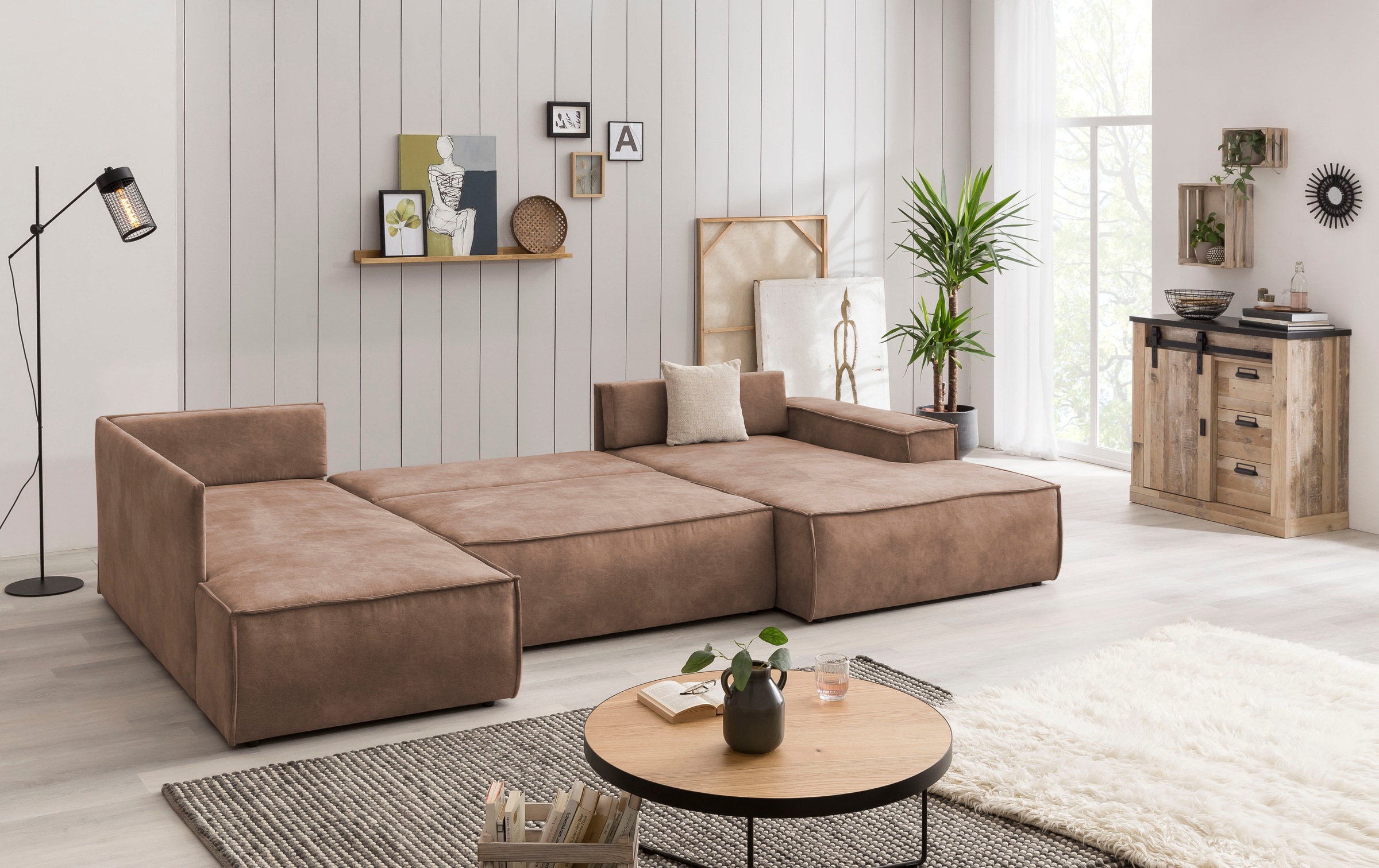 Home affaire Wohnlandschaft »SHERWOOD 329 cm, U-Form, Schlafsofa,«, Schlaffunktion m. Bettkasten (194x139 cm), Cord, Vintage, Samtvelours