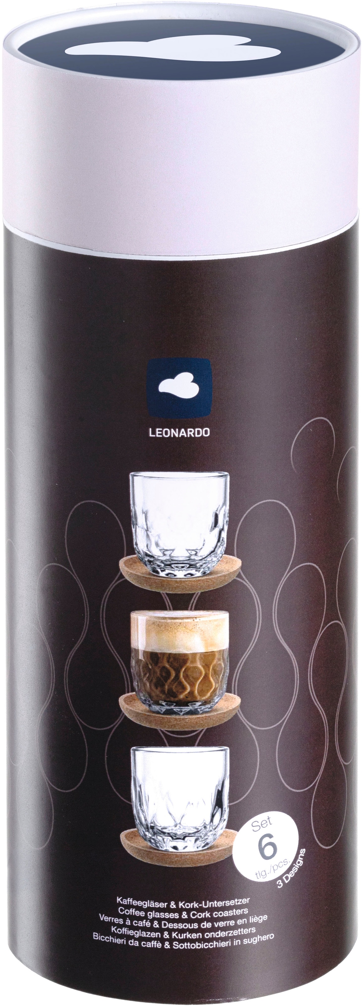 LEONARDO Gläser-Set »Kaffee-Set GOCCE, 220 ml, 6-teilig«, (Set, 6 tlg.), 3 Gläser mit unterschiedlichem Tropfenrelief, inkl. Kork-Untersetzer