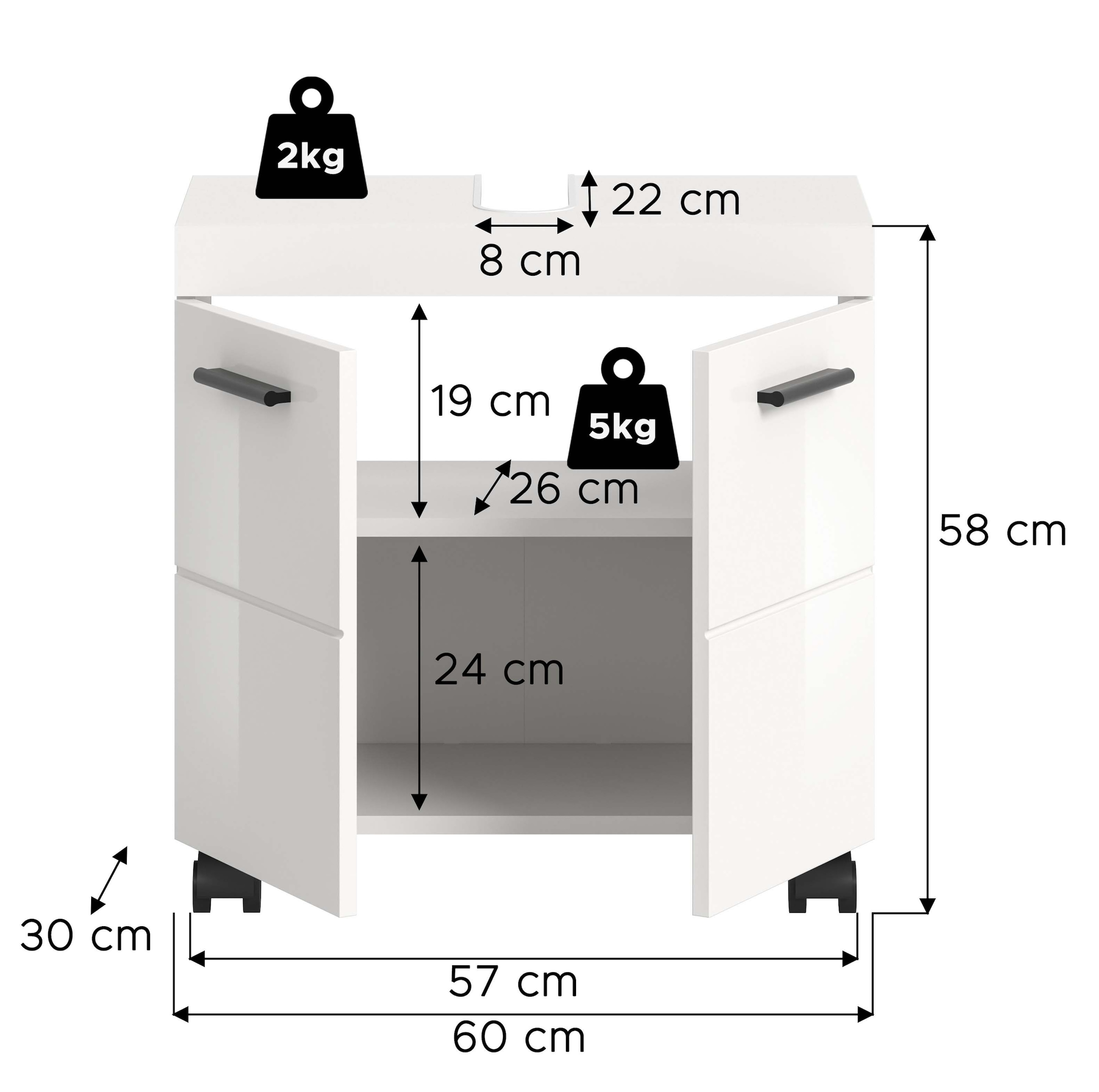welltime Waschbeckenunterschrank »AVON, Breite 60 cm, 2 Türen, 1 Einlegboden, 2 Fächer« mit Siphonausschnitt 22x8 cm, Rückwand mit Ausschitt,  Badmöbel, Badschrank, Unterschrank, Waschtisch, Kommode, Bad