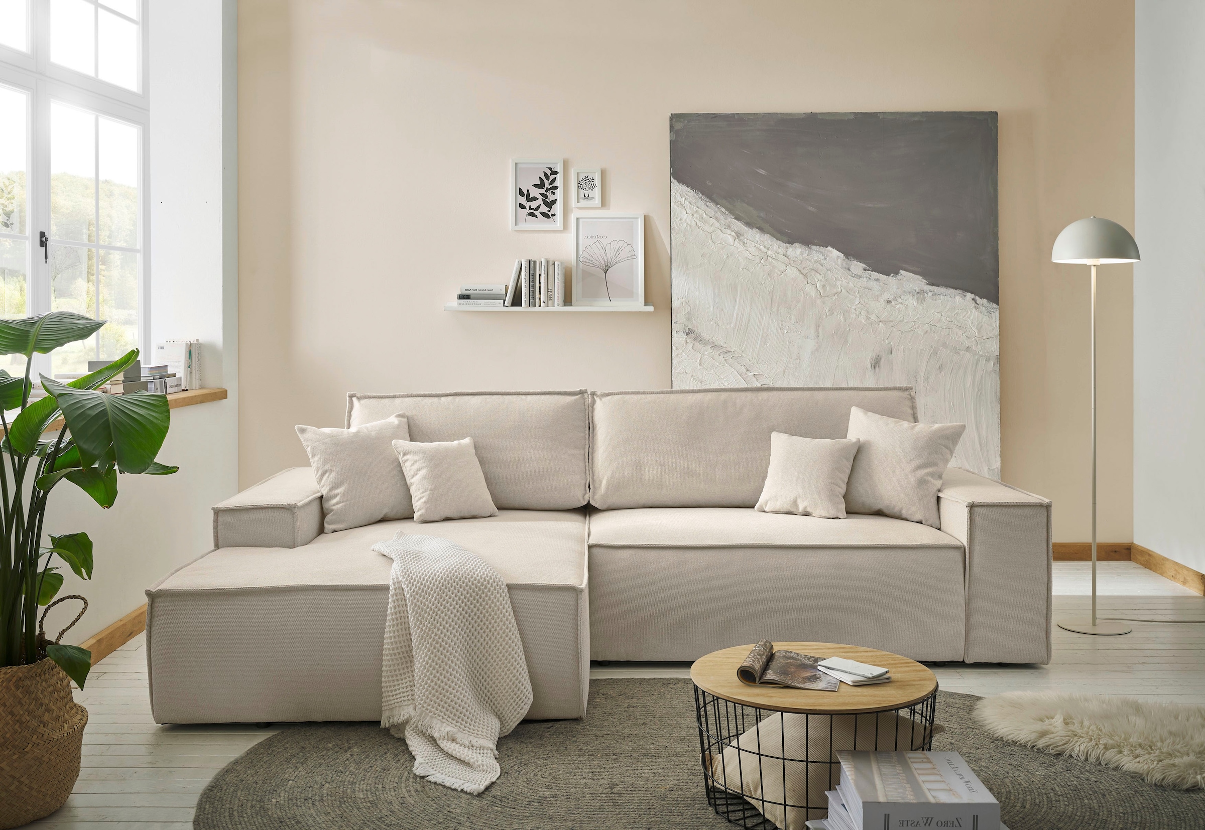 andas Ecksofa »Finnley Schlafsofa 267 cm in Bouclé, Struktur fein u. Cord, L-Form,«, Schlaffunktion m. Bettkasten (136/210 cm), Bouclé, Struktur und Cord
