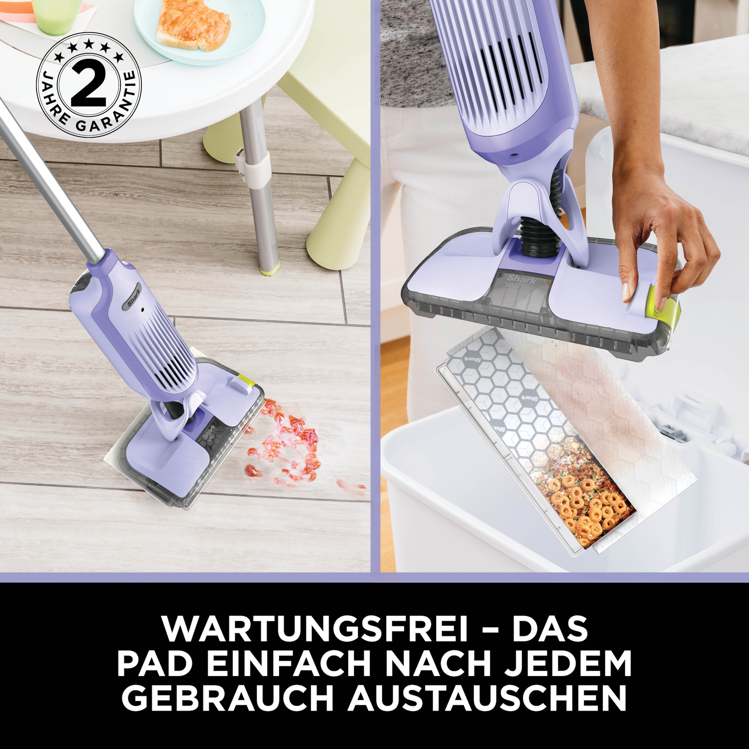 Shark Nass-Trocken-Akkusauger »Shark VacMop 2-in-1 kabelloser Staubsauger/Sprühmopp VM200EUPL« VOLLSTÄNDIGE REINIGUNG MIT EINEM EINZIGEN EINWEGPAD, kabellos, leicht