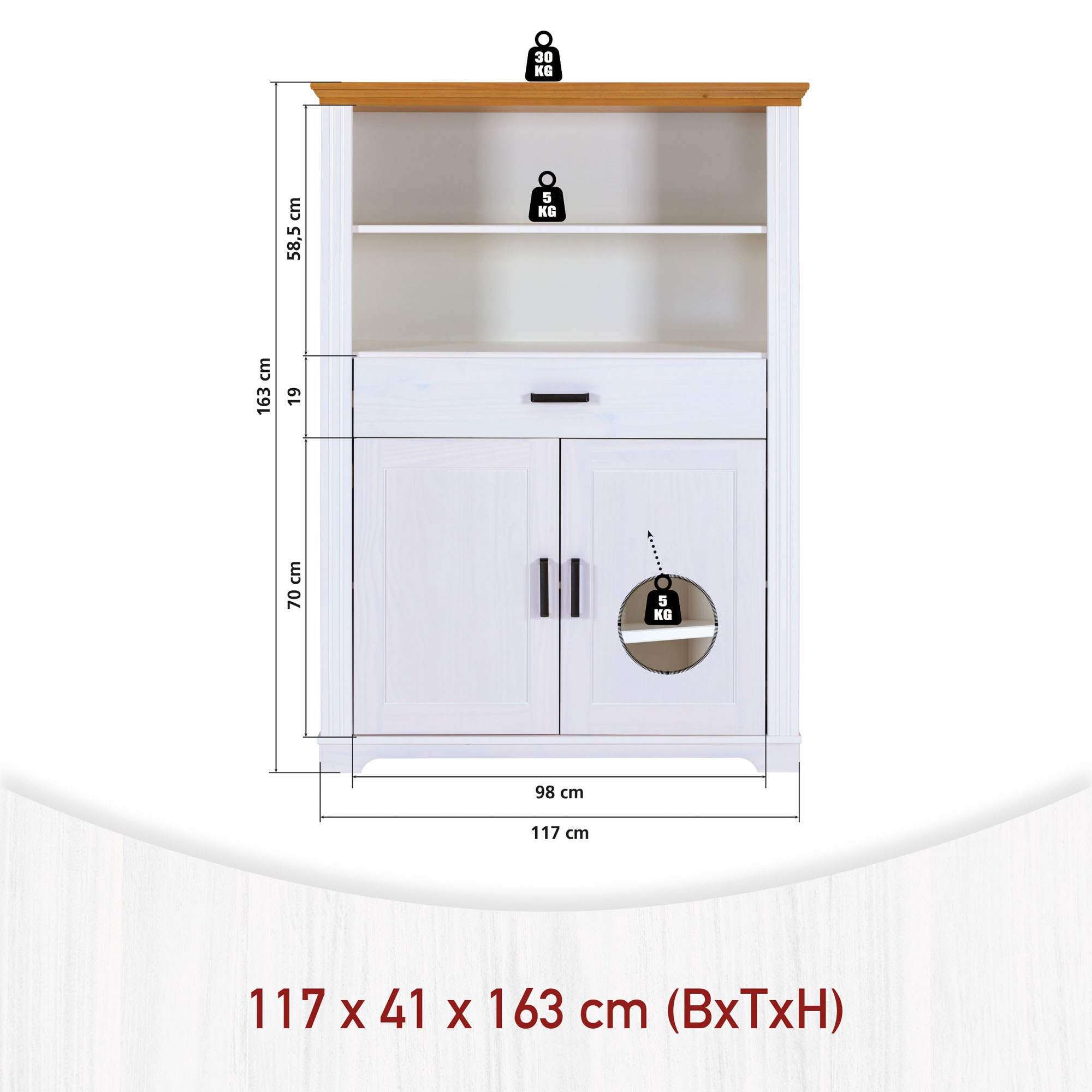 Inter Link Highboard »Highboard Maluno« 1 Stk. tlg. Kiefer Massiv, Soft-Close, Stauraum, BxTxH: ca. 117,2 x 41 x 163 cm