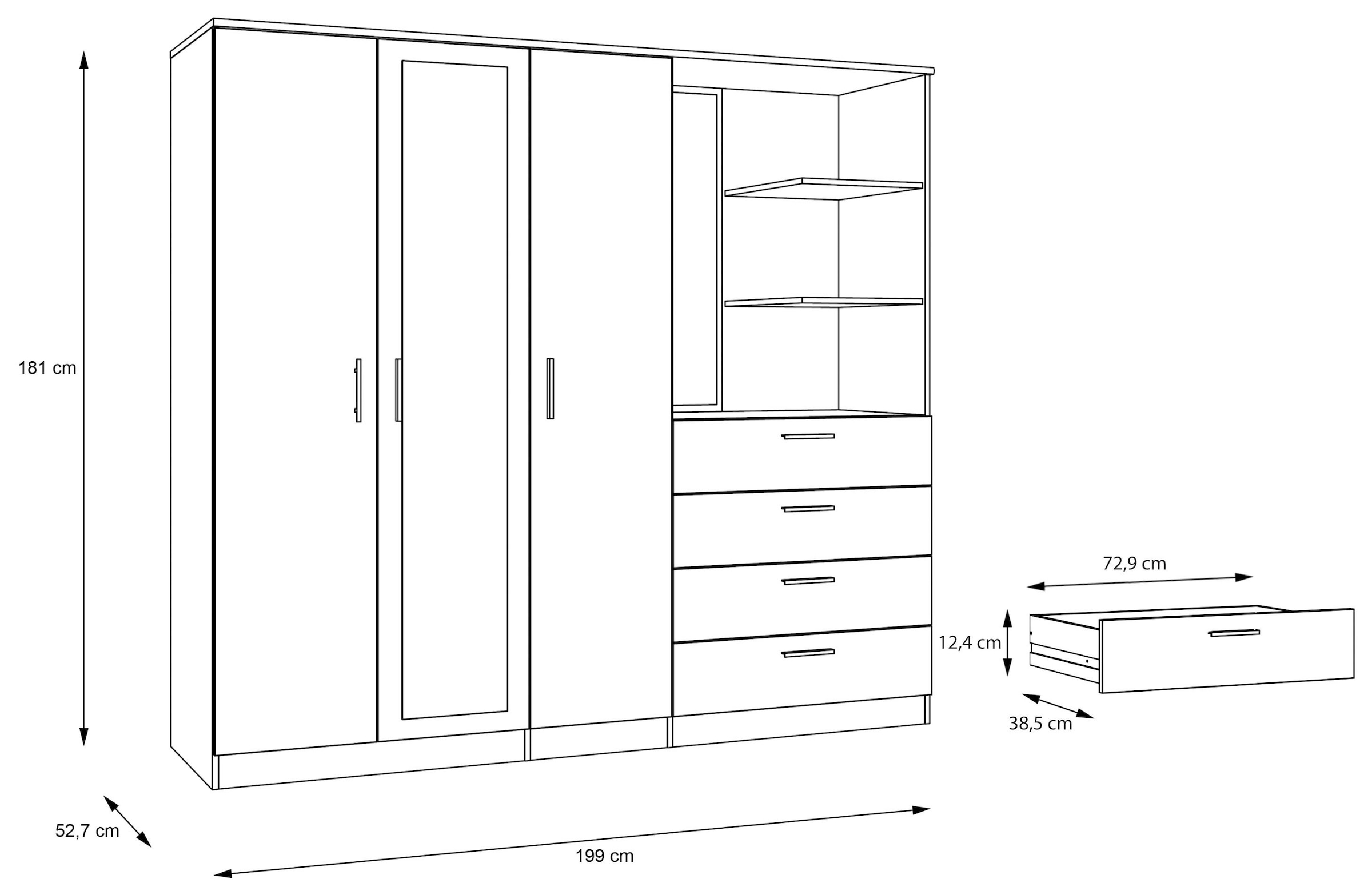 FORTE Kleiderschrank »Panama, Garderobenschrank, Spiegel, Schubladen, Regale, viel Stauraum« B/H/T 199/181/52,7, Spiegeltüre, Stauraum, FSC