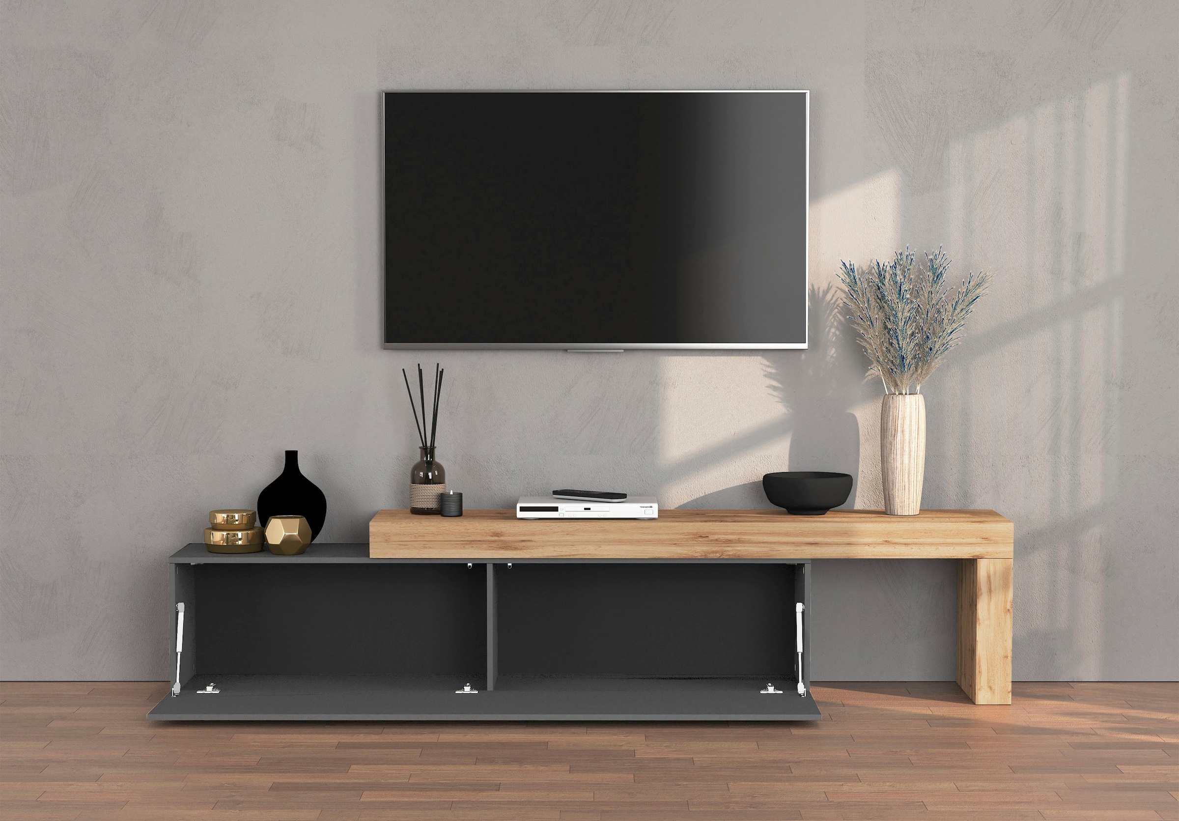 INOSIGN Lowboard »Chronos TV-Board, TV-Schrank«, (1 St., Breite verstellbar von 190 bis 350 cm), Breite 270 cm TV-Board,Lowboard,1 Klappe und ein L-Förmiger Aufsatz