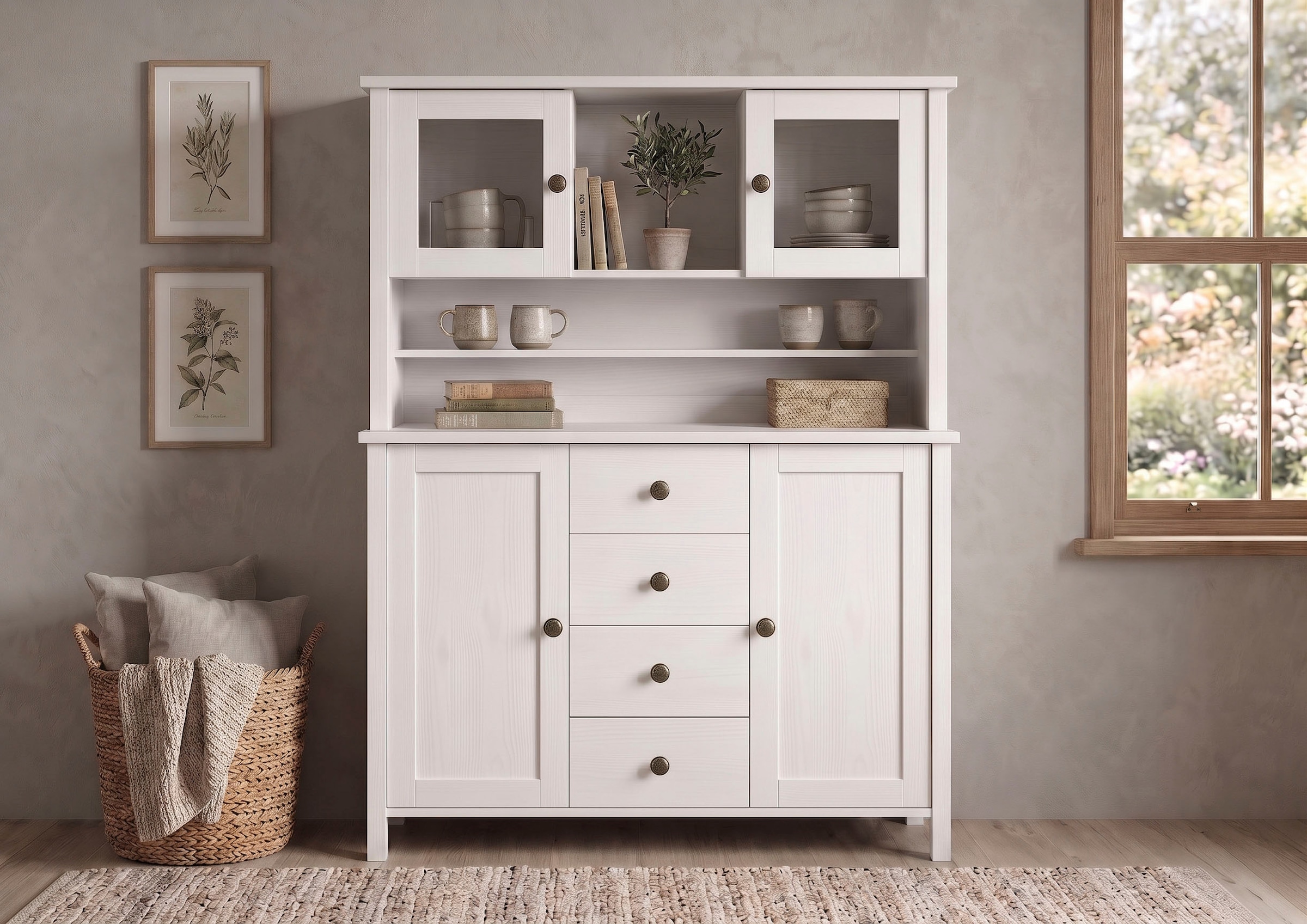 OTTO home Buffet »Mikkeli Küchenbuffet mit 2 Glastüren, Metallgriffe« aus massiver FSC®-zertifizierter Kiefer, moderner Landhausstil