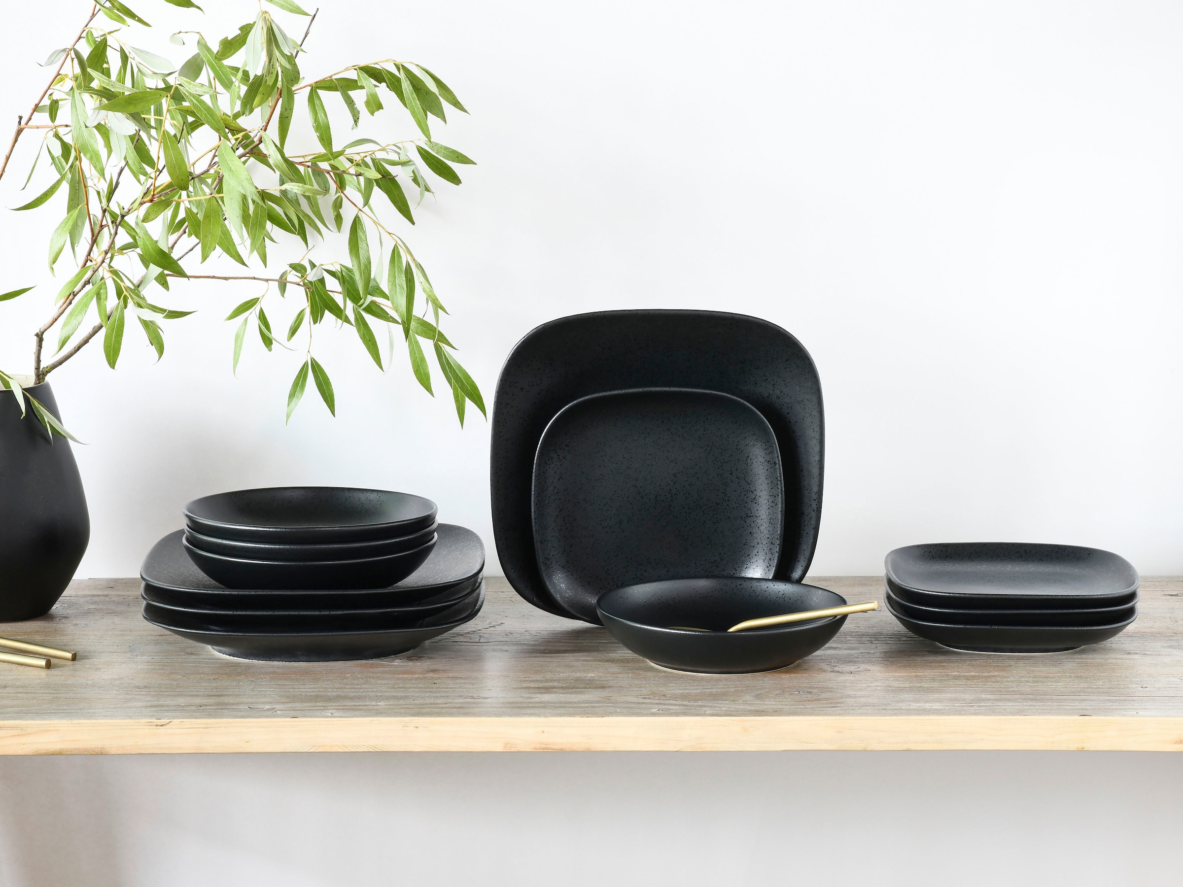 CreaTable Tafelservice »Magic Black Square«, (Set, 12 tlg.), matte Spezialglasur mit glänzenden Sprenkeln