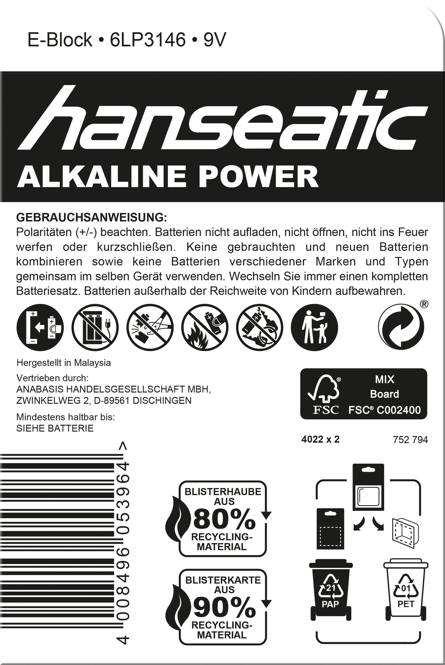 Hanseatic Batterie »48 Stück Batterie Mix Set«, (48 St.), 20x AA + 20x AAA + 4x 9V + 4x C Batterien