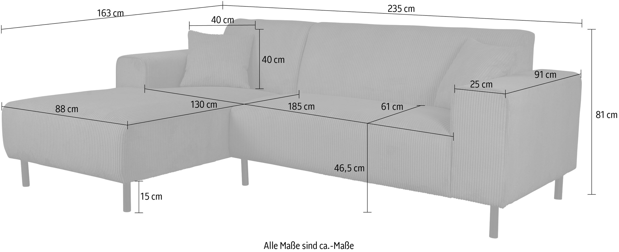 Home affaire Ecksofa »ARROS L-Form mit Wellenunterfederung, Maße B/T/H: 235/163/81 cm«, incl. Zierkissen, mit Recamiere rechts/links bestellbar, auch in Cord
