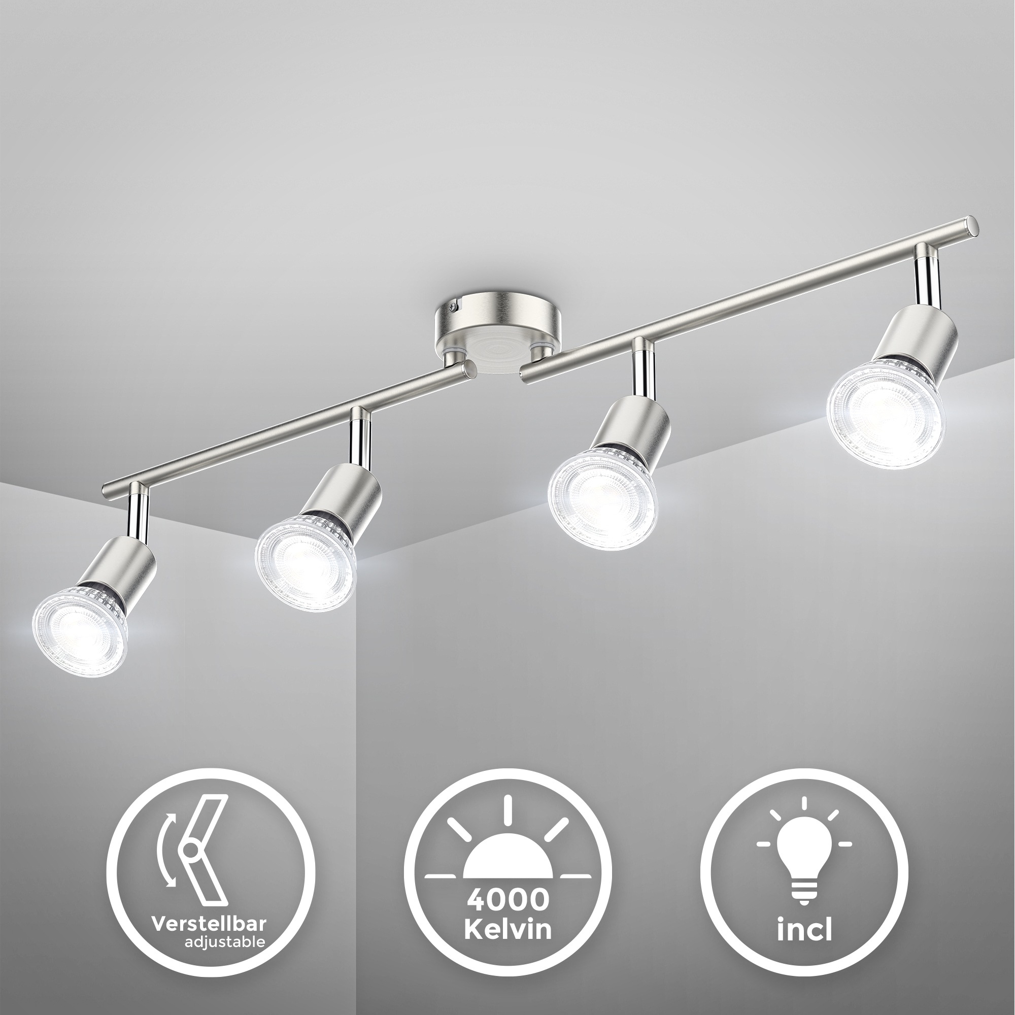 B.K.Licht Deckenleuchte, 4 flammig, Leuchtmittel GU10 | LED wechselbar, 4-flammig, LED Deckenlampe, dreh- schwenkbar, neutralweiß, matt-nickel