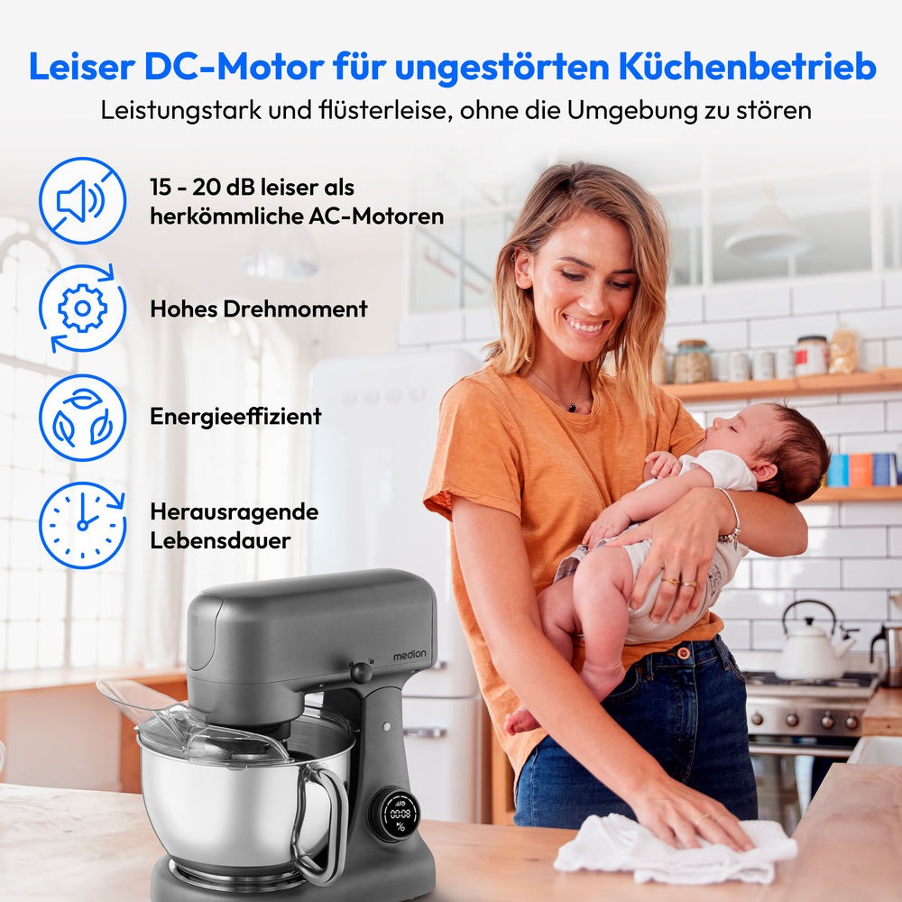 Medion® Küchenmaschine »MD 12600, 8 Geschwindigkeitsstufen, Impulsfunktion, DC-Motor, 4,6 L«, Mit umfangreichem Zubehör-Set, Fleischwolf-Aufsatz, Gemüsereibe