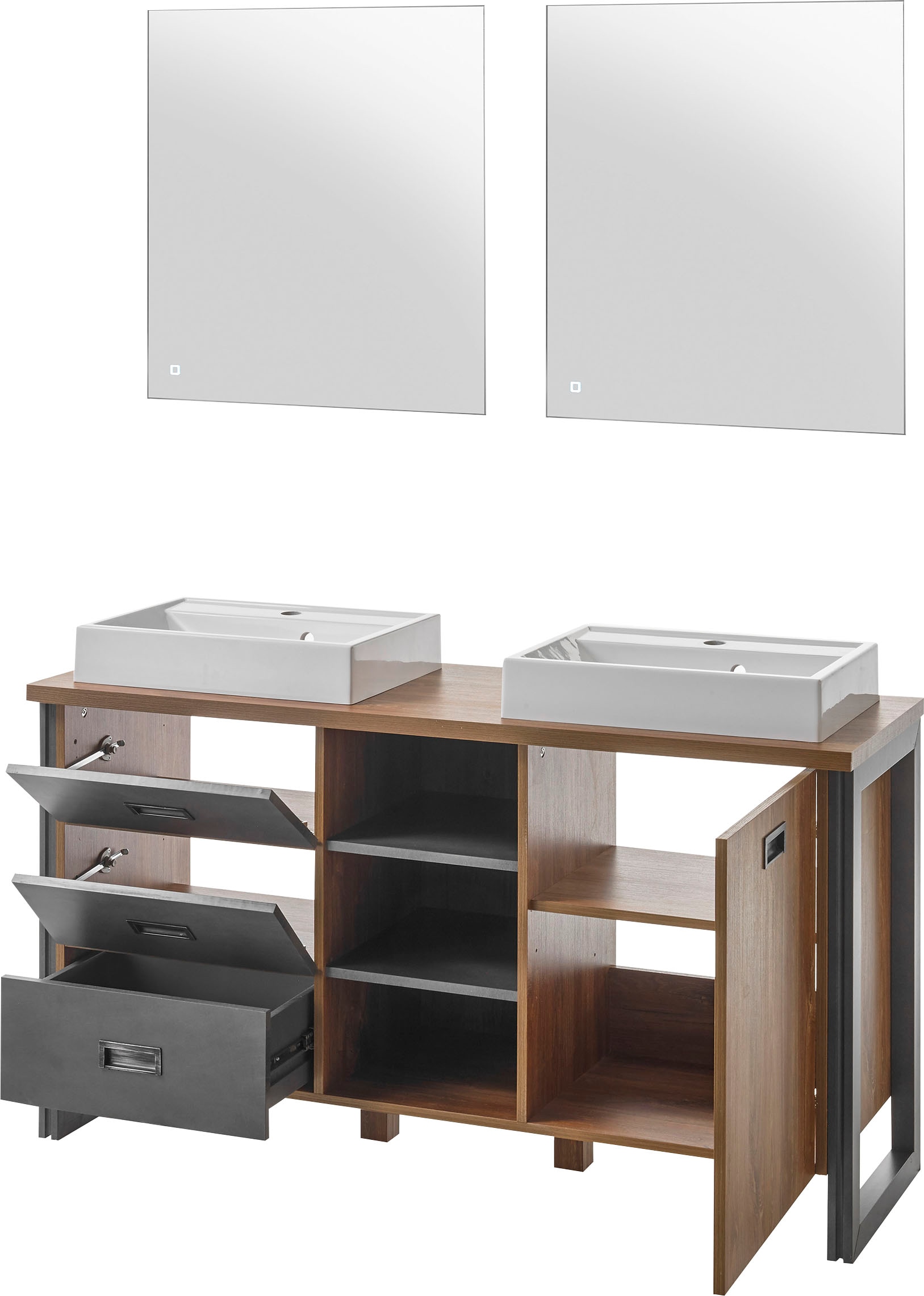 Home affaire Badmöbel-Set »Detroit, Bad im Industrialdesign, inkl. LED, 2-teiliges Badezimmer«, (3 St.), Waschtisch und Spiegel, inkl. zwei Aufsatzwaschbecken aus Mineralguss