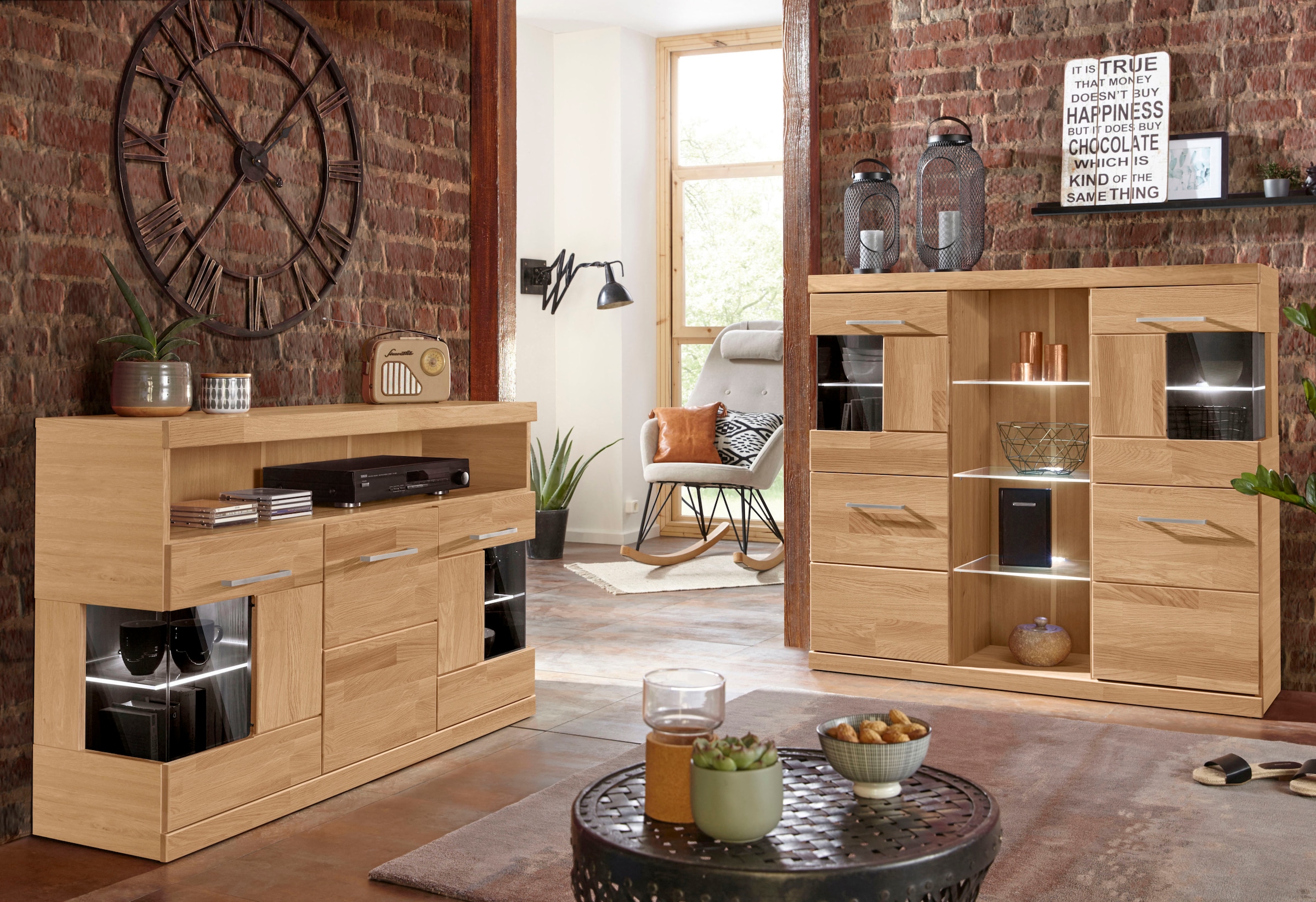 Home affaire Highboard »Ribe,120cm breit,112cm hoch, Fronten Massivholz,12 Fächer«, Holz massiv, Holzwerkstoff, Metall Griffe,2Türen mit Glaseinsatz