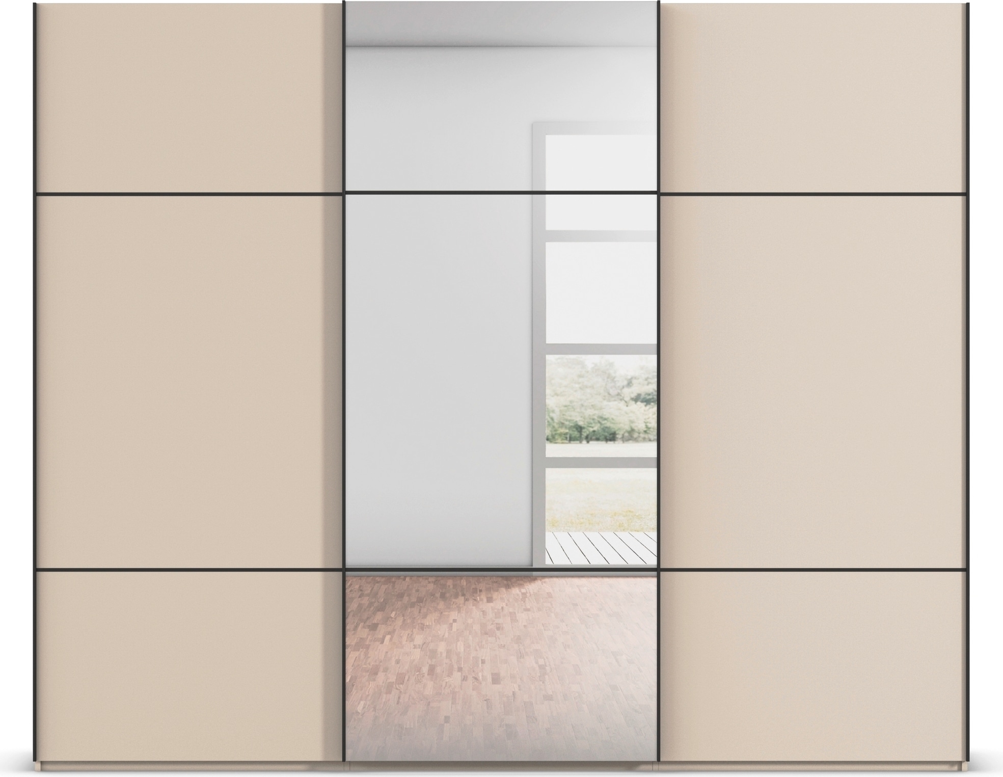 rauch Schwebetürenschrank »Kleiderschrank Schrank Garderobe Schlafzimmerschrank SCALE-TRIO«, edle dreigeteilte Front mit 2 Zierleisten und Spiegel MADE IN GERMANY