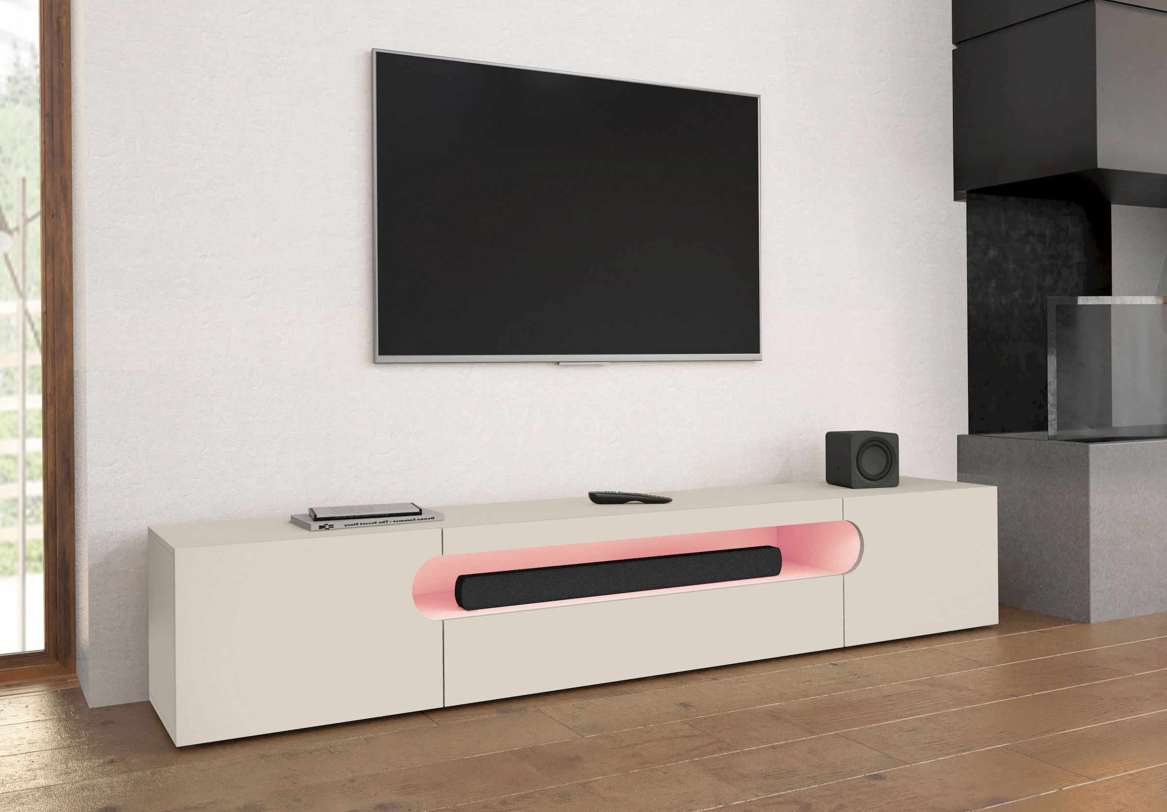 Home affaire Lowboard »REAL TV-Möbel, 240 cm breit, 40/60 cm hoch, Hochglanz oder matt« mit 2 abgerundeten Türen, 1 Klappe, die ein ovales offenes Fach bilden