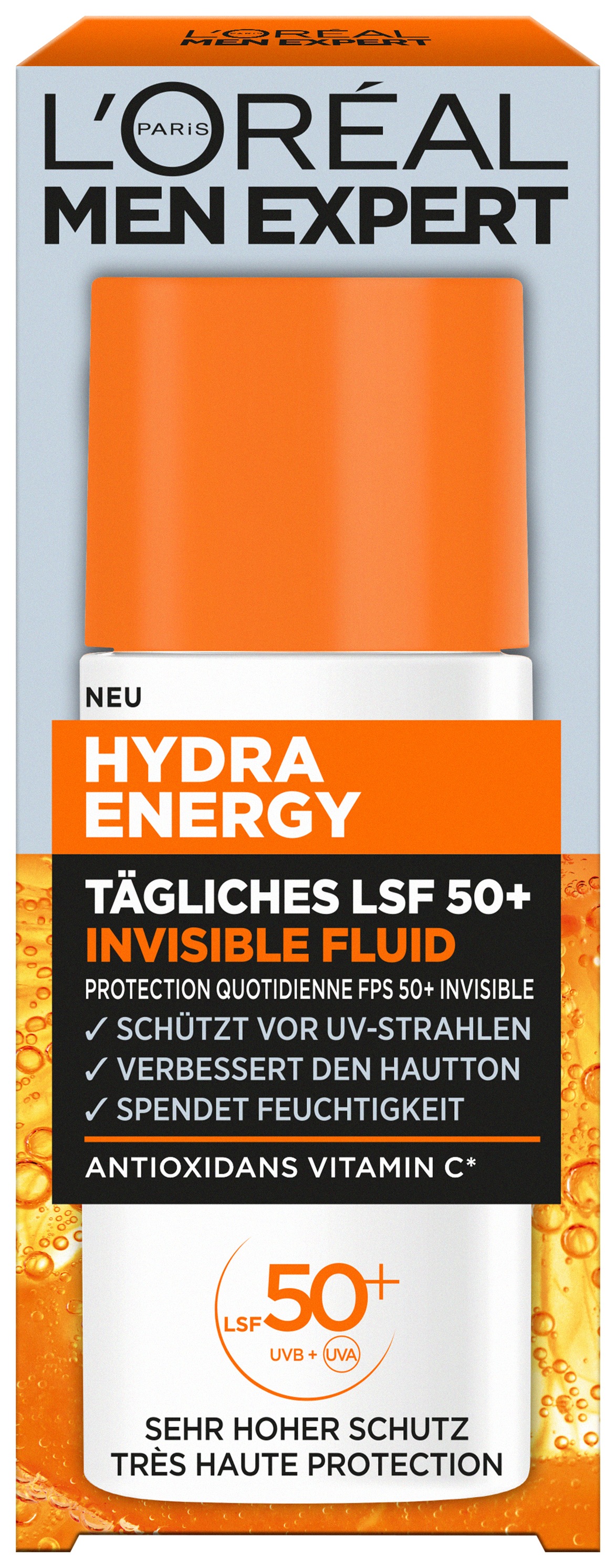L'ORÉAL PARIS MEN EXPERT Gesichtsfluid »L'Oréal Men Expert Tägliches LSF 50+ Invisible Fluid«, Beugt sonnenbedingte Hautalterung vor, fettet und klebt nicht.