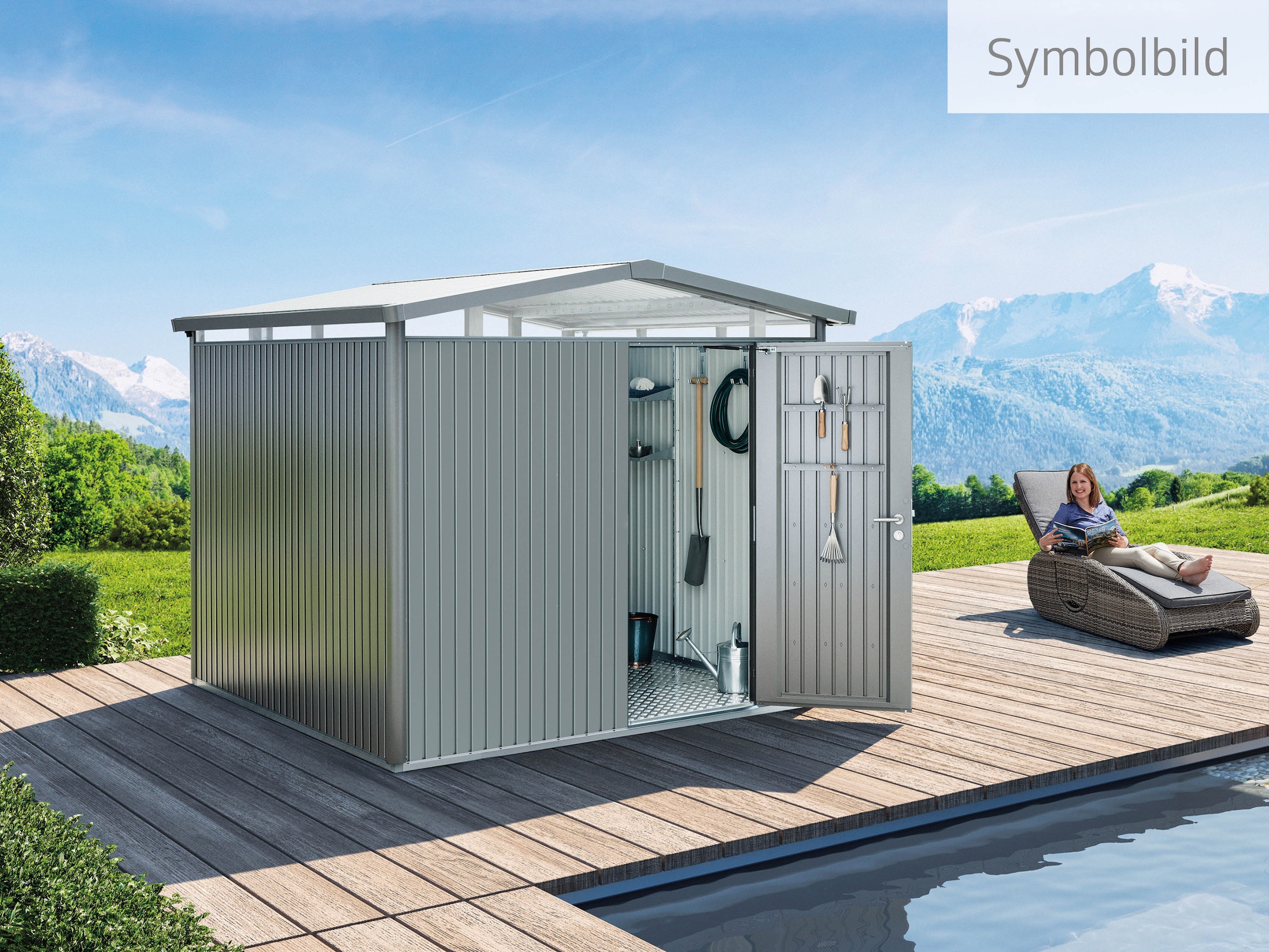 Biohort Gerätehaus »PANORAMA Gr. P3 quarzgrau-metallic
mit Standardtür«, aus Metall mit umlaufendem Acrylglas-Lichtband