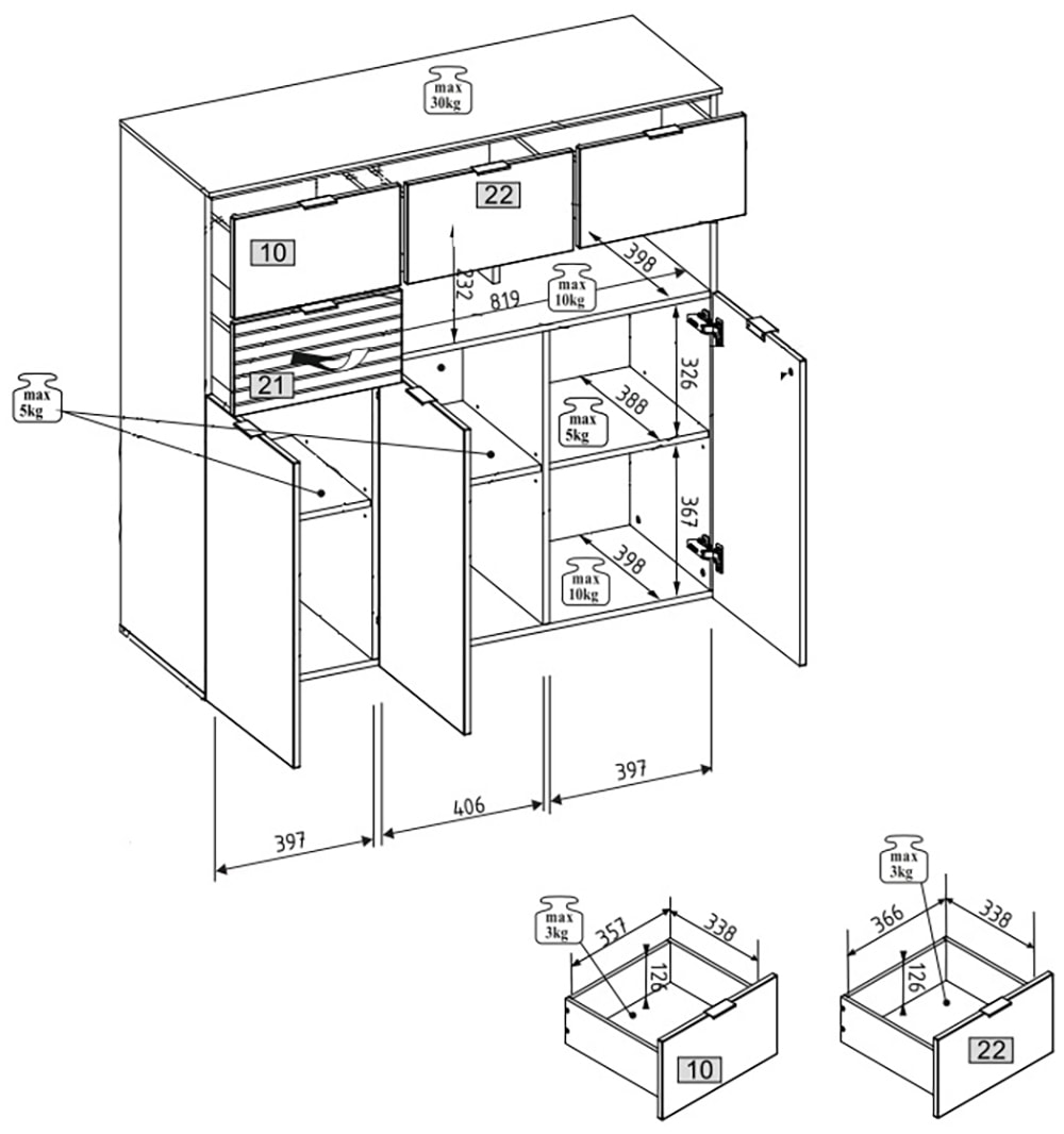 Innostyle Highboard »INA Highboard, 125 x 125 x 45 cm (B/H/T)« 1 Stk. tlg. 3 türig, 4 Schubladen, inkl. Beleuchtung, Softclose