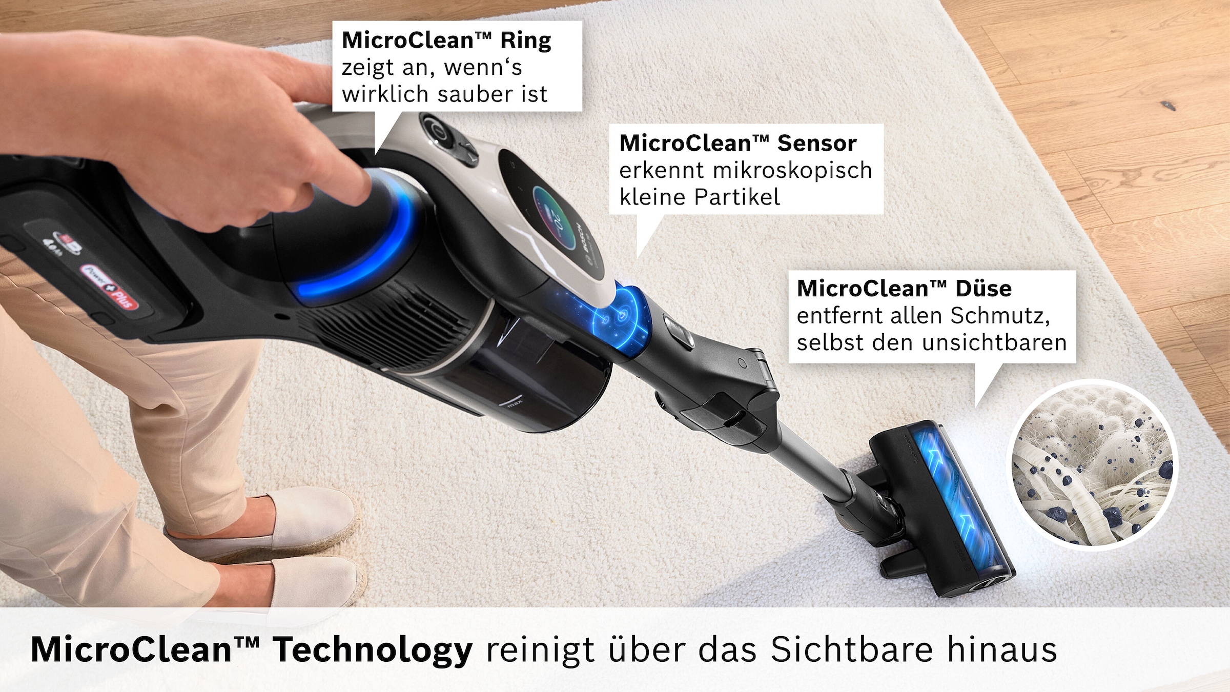 BOSCH Akku-Stielstaubsauger »Unlimited 10 BKS1051GQC, MicroClean™ Technology, Display, Knickrohr«, HEPA-Filtersystem, 10 Jahre Motorgarantie, Schnellladegerät, grau