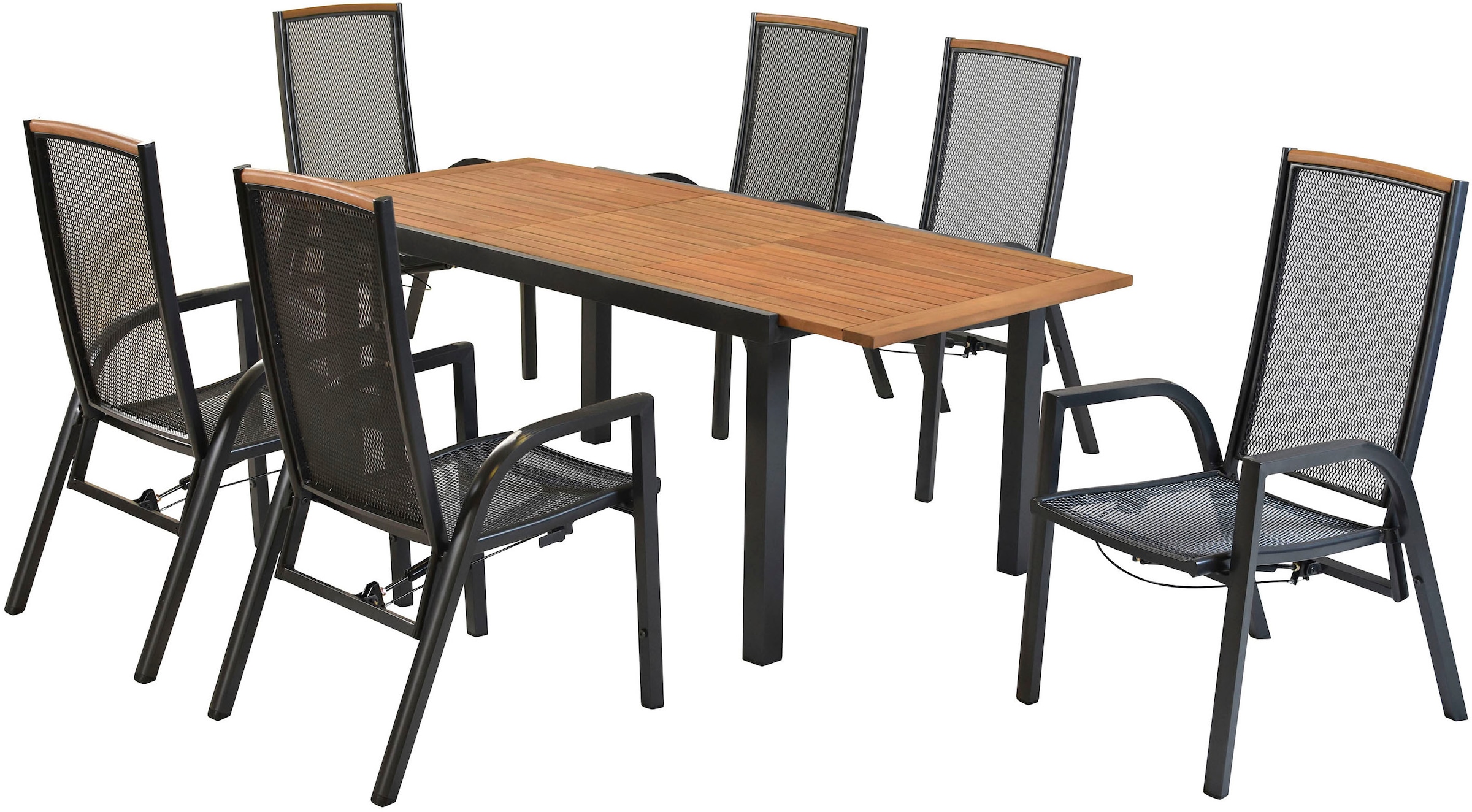 MERXX Garten-Essgruppe »»Tilos««, (Set, 7 tlg., Rückenabschluss und Armlehnen aus Akazienholz), Rückenlehne verstellbar durch Gasdruckfeder