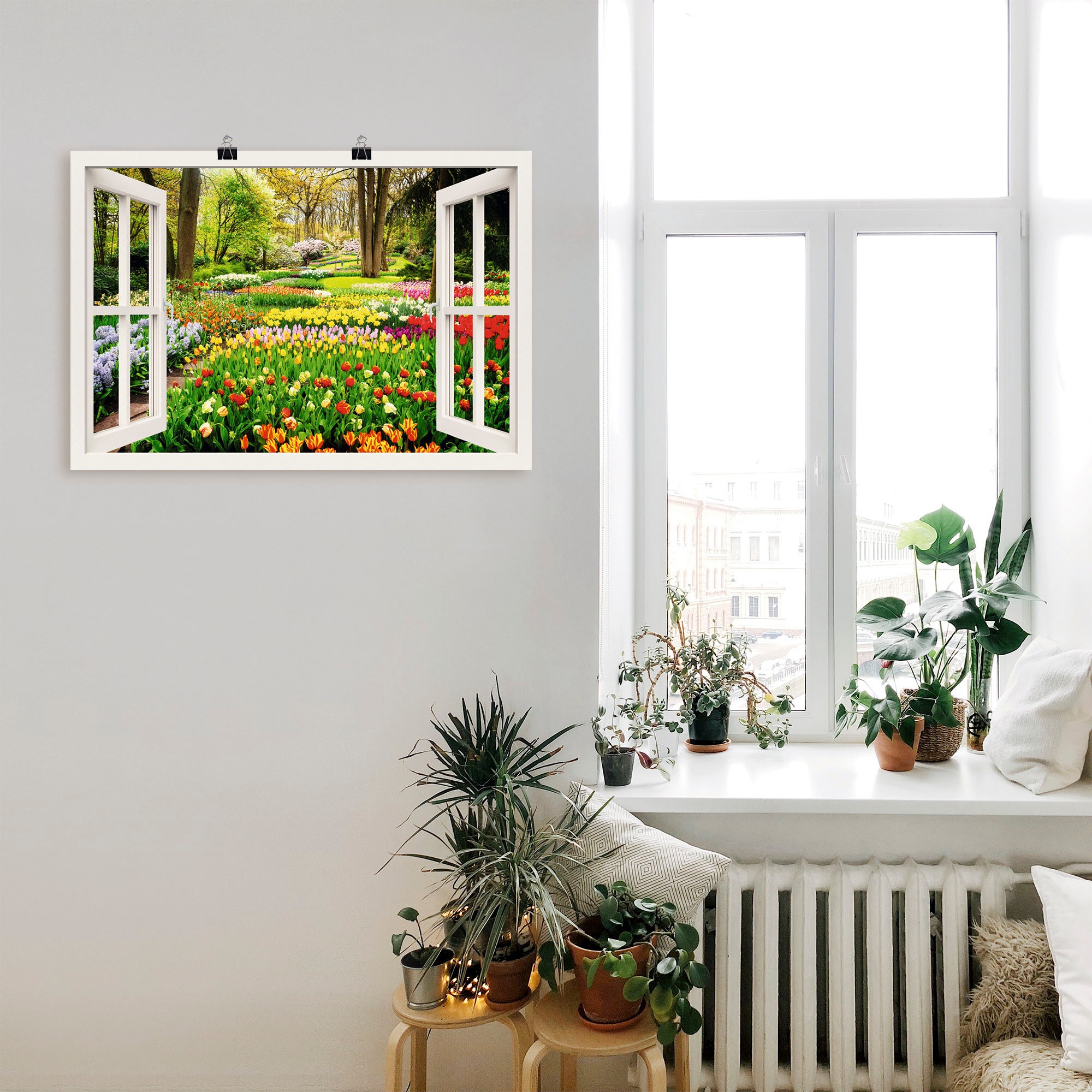 Artland Wandbild »Fensterblick Tulpen Garten Frühling«, Fensterblick, (1 St.), als Alubild, Outdoorbild, Leinwandbild, Poster, Wandaufkleber